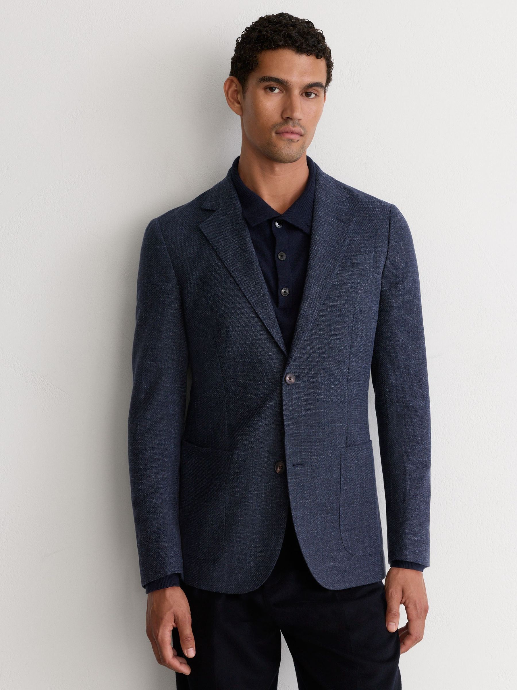 Denim Blue - Regular Cotton Hopsack Single-breasted Blazer Tailored-fit
