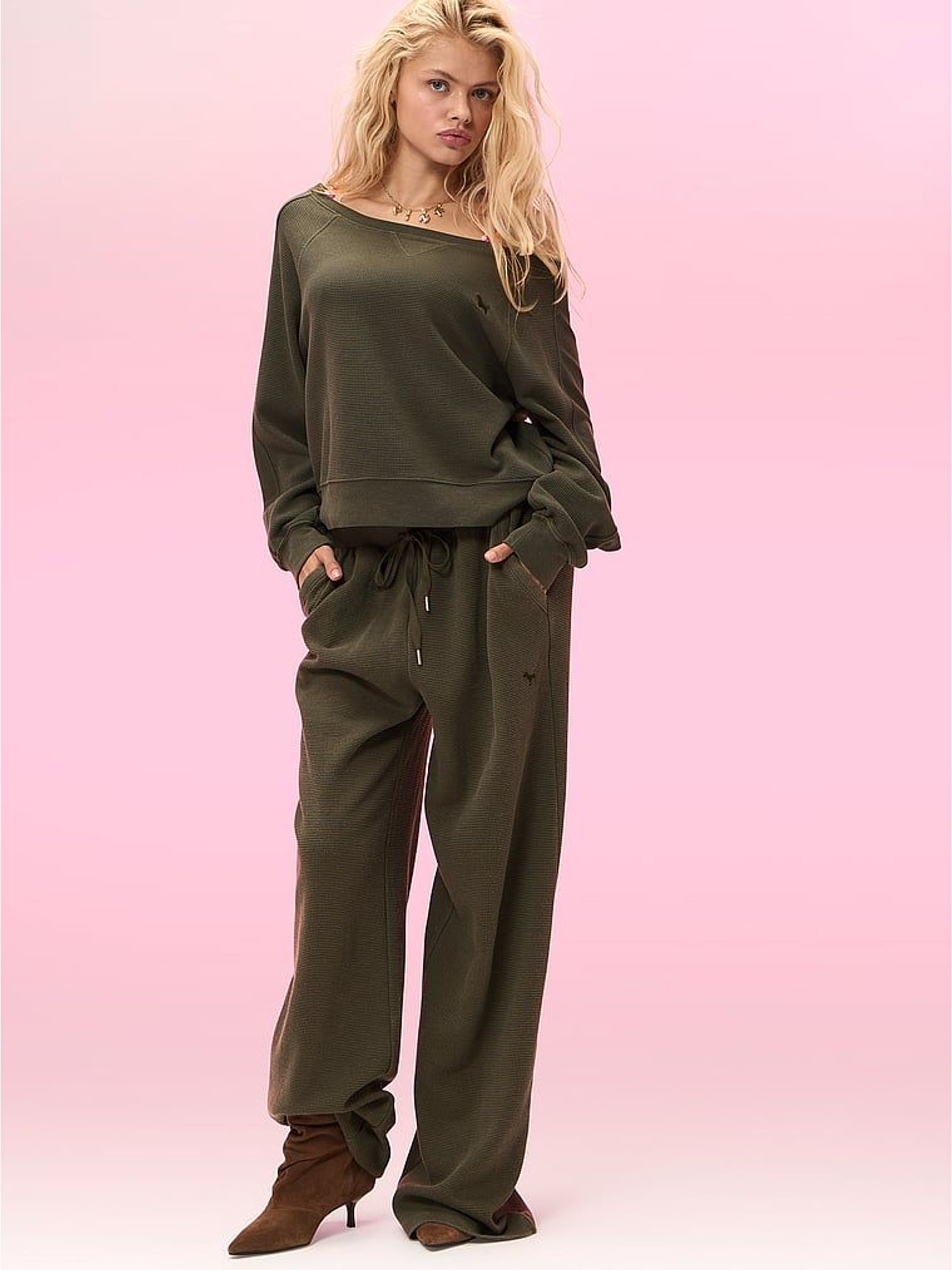 Olive Green - Off The Shoulder Waffle Sweatshirt