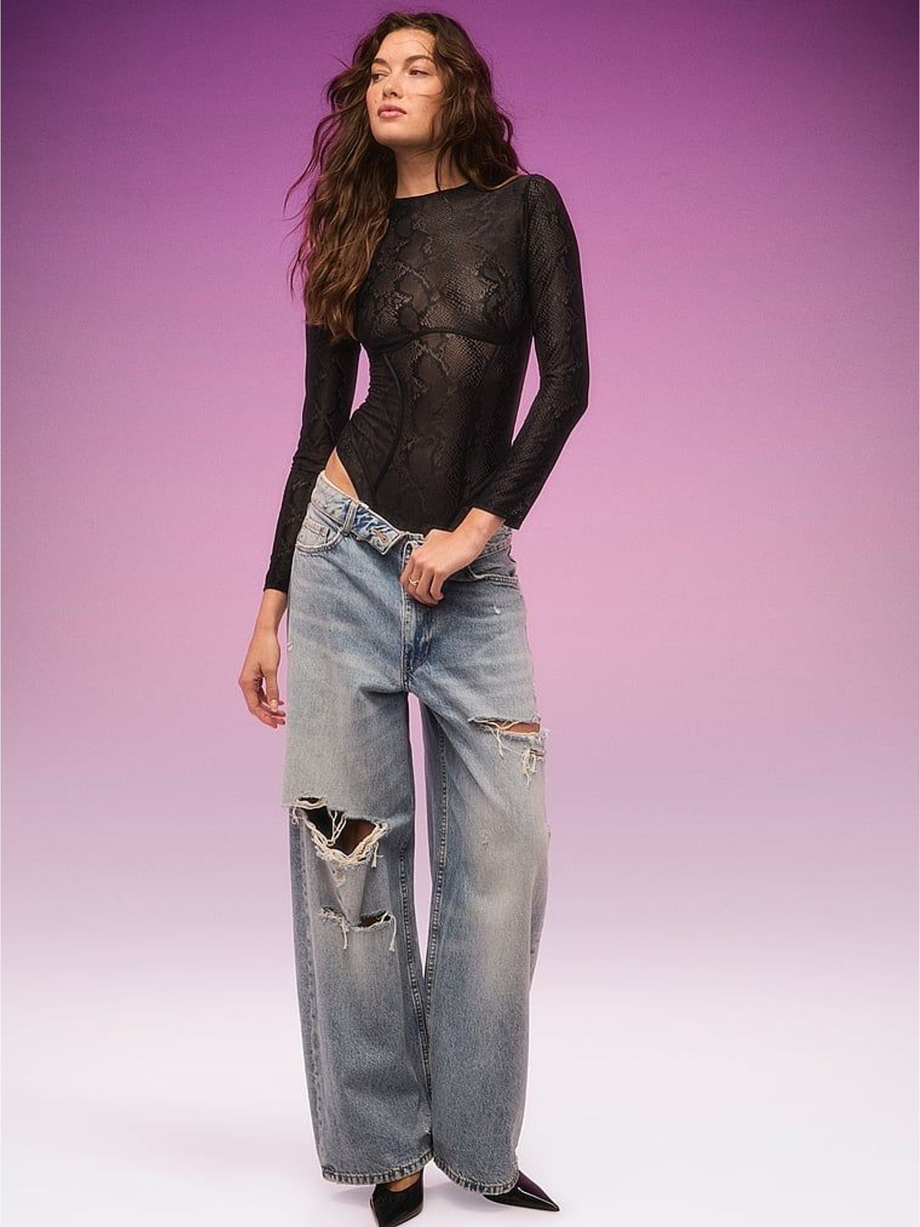 Black - Viper Lace Long Sleeve Bodysuit