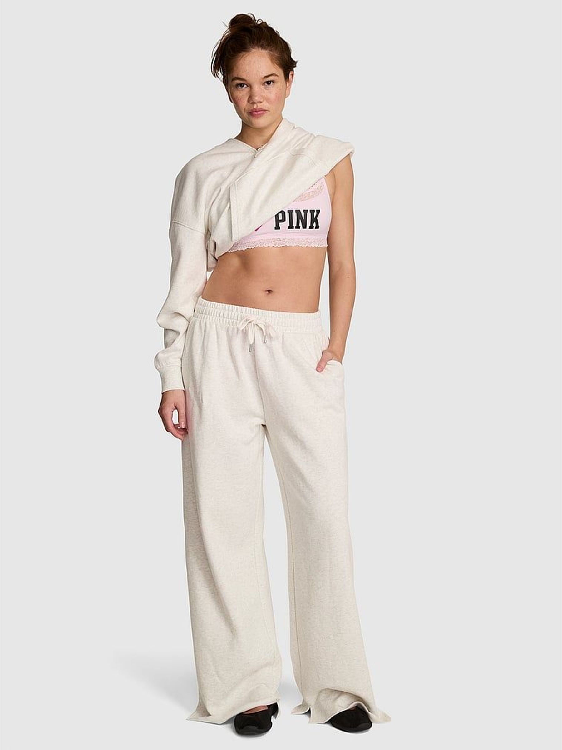 Snow Heather Grey/Pink - Wide Leg Fleece Joggers