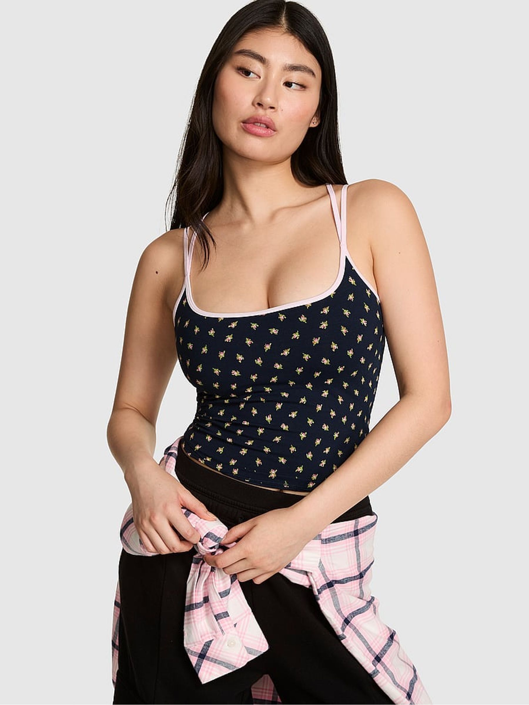 Navy Blue Foral Print - Cotton Cross Back Tank Top