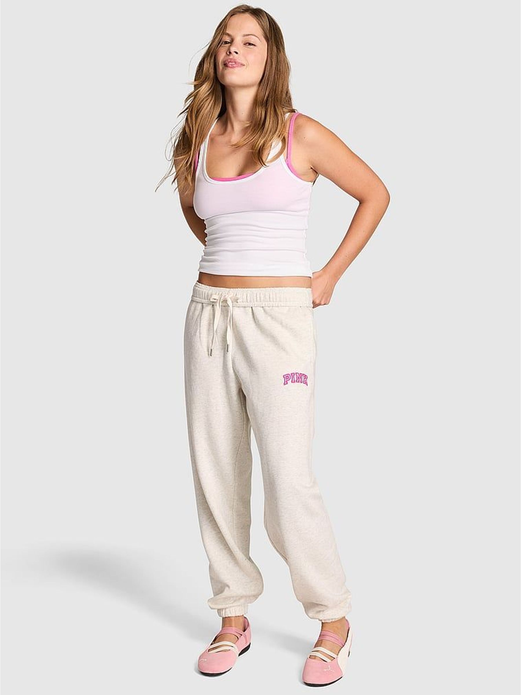 Snow Heather Grey/Pink - Wide Leg Fleece Joggers