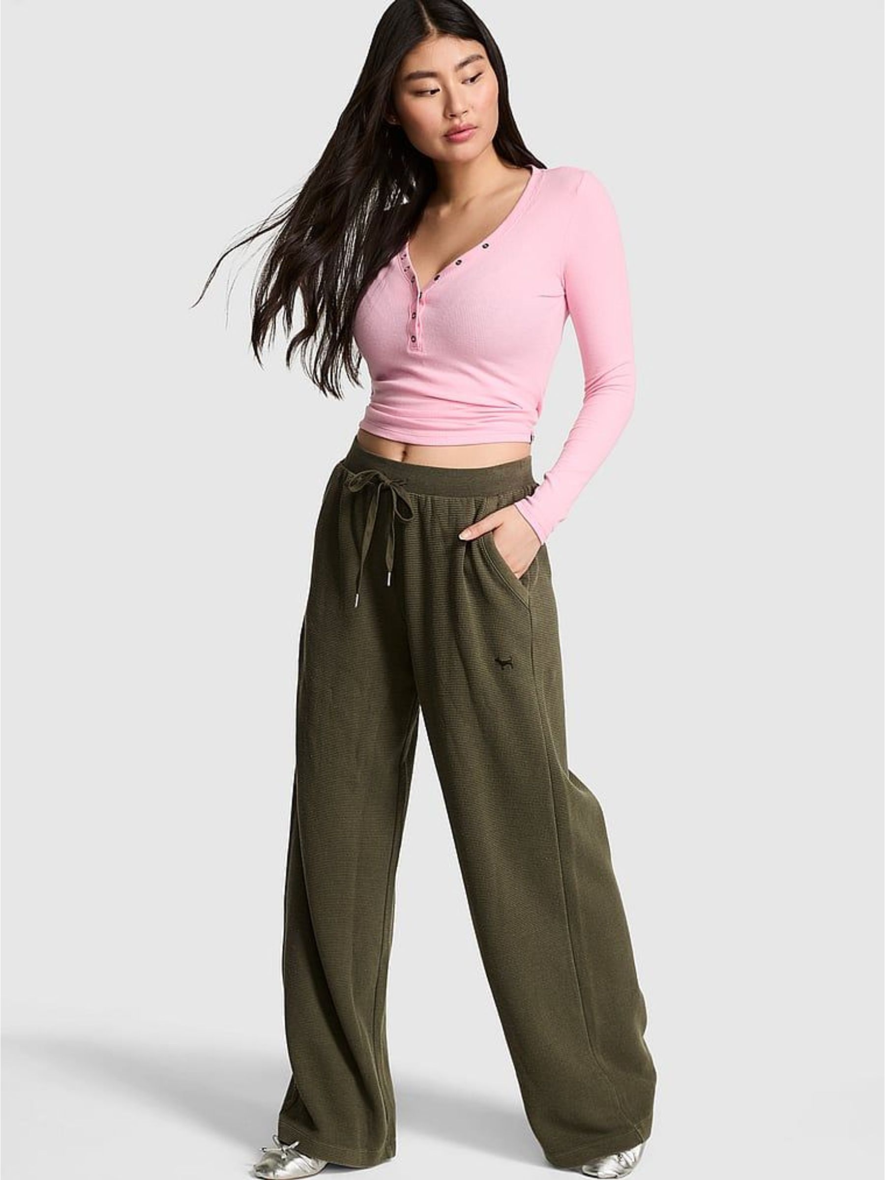 Olive Green - Wide Leg Oversized Waffle Joggers