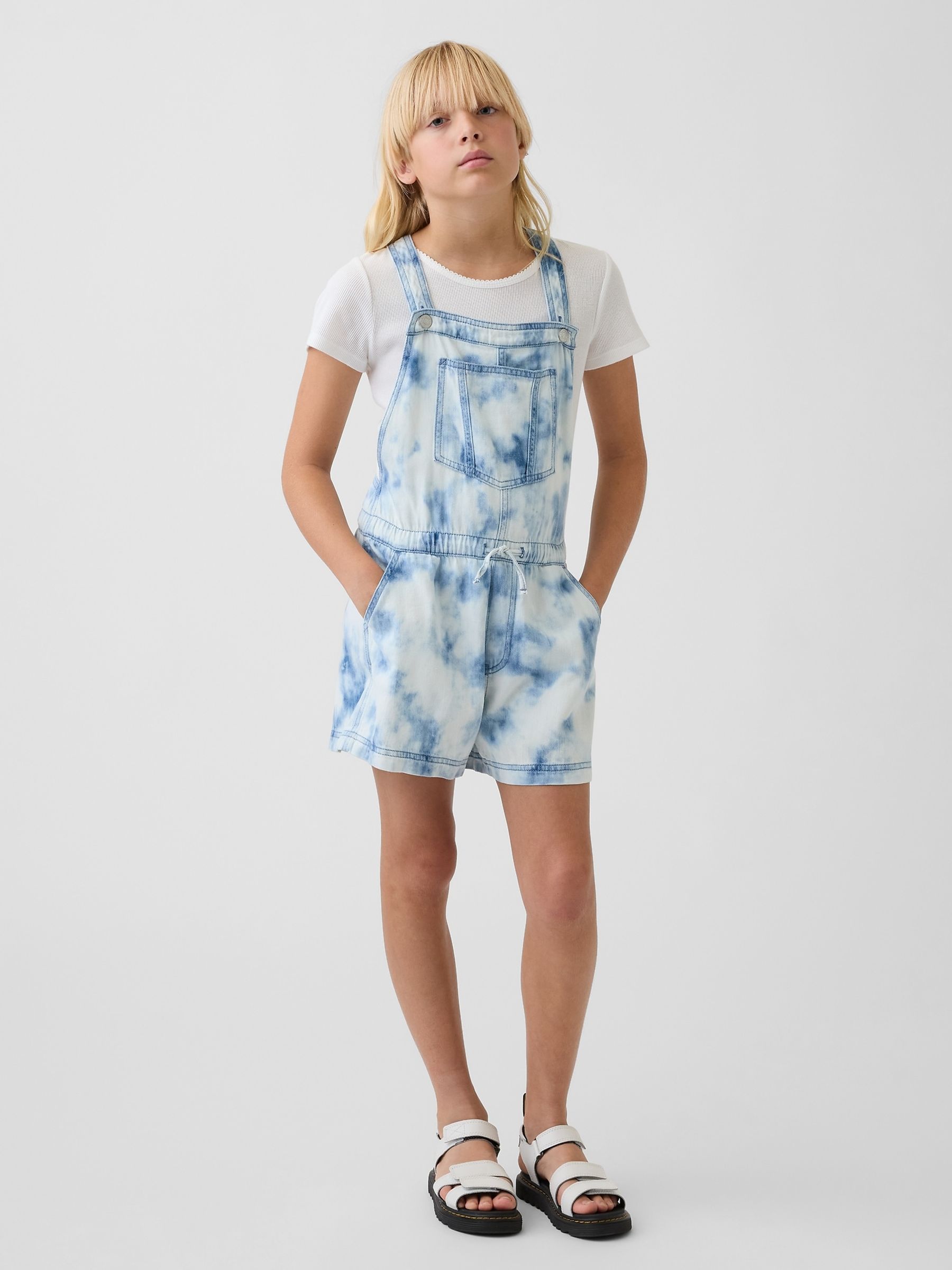 Blue - Tie-dye Denim Relaxed Short Dungarees