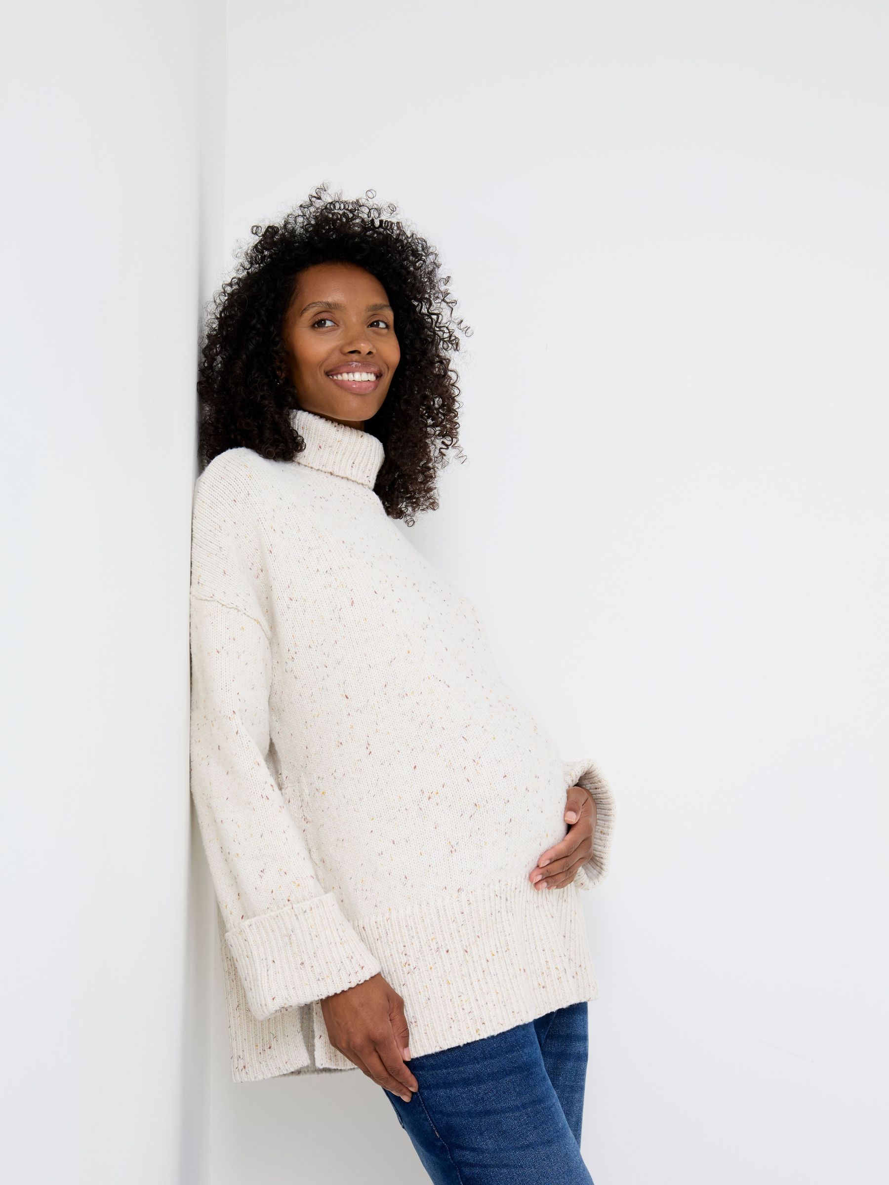 Cream - Flecked Roll Neck Maternity & Nursing Jumper