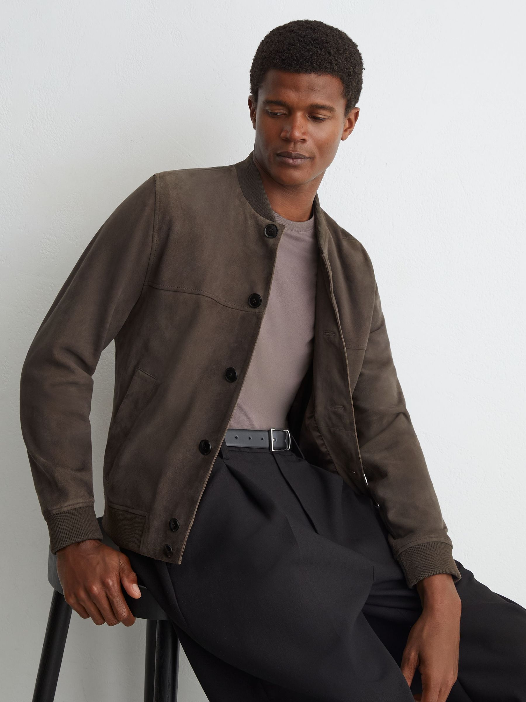 Mushroom Brown - Regular Suede Button-through Bomber Jacket