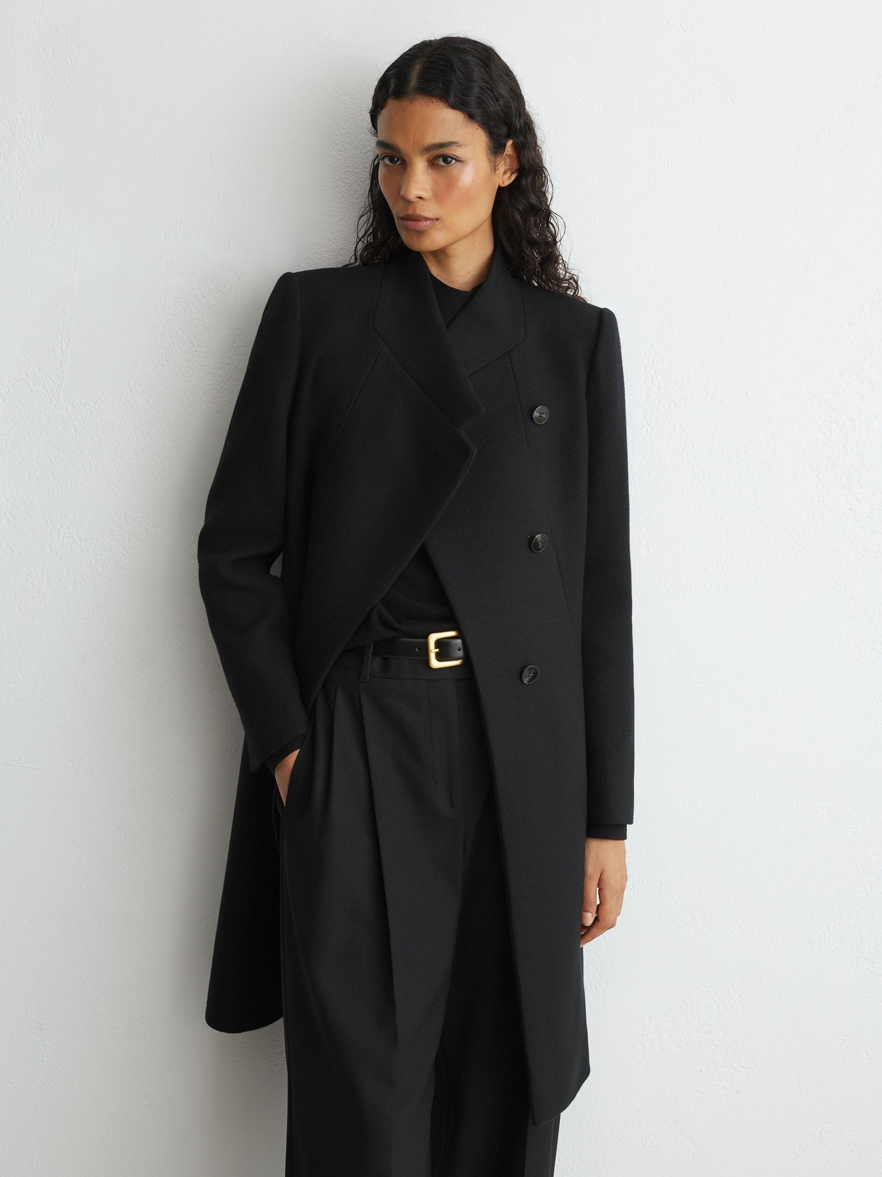 Black - Wool-blend Wrapover Mid-length Coat