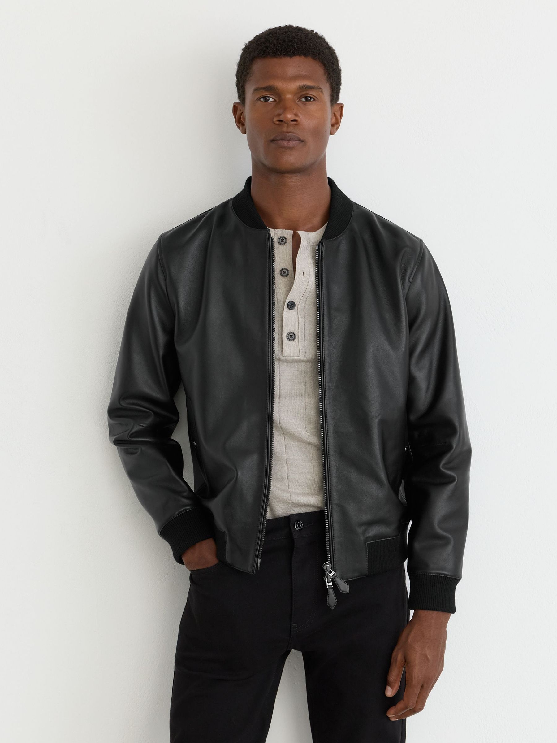 Black - Regular Leather Bomber Jacket