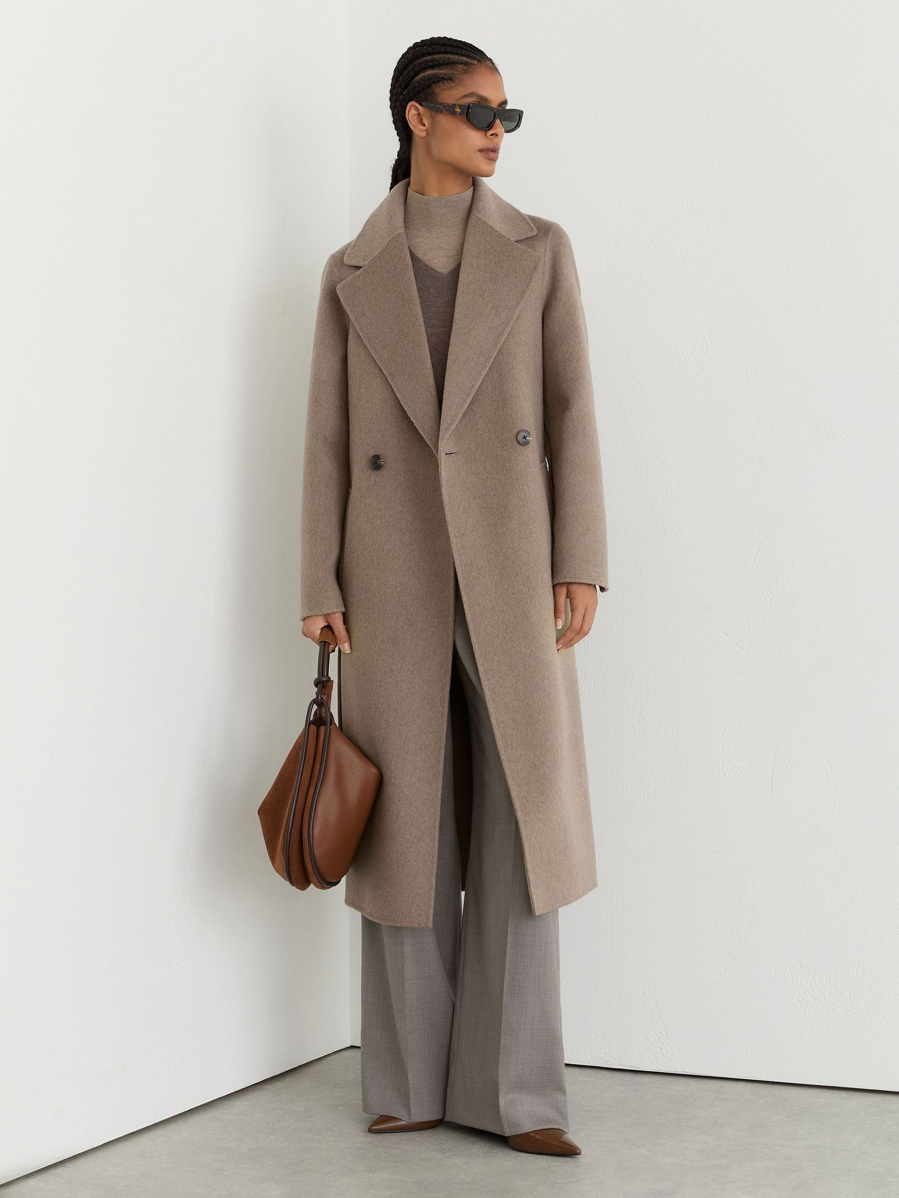 Neutral Melange - Wool-blend Double-breasted Blind-seam Coat With Cashmere