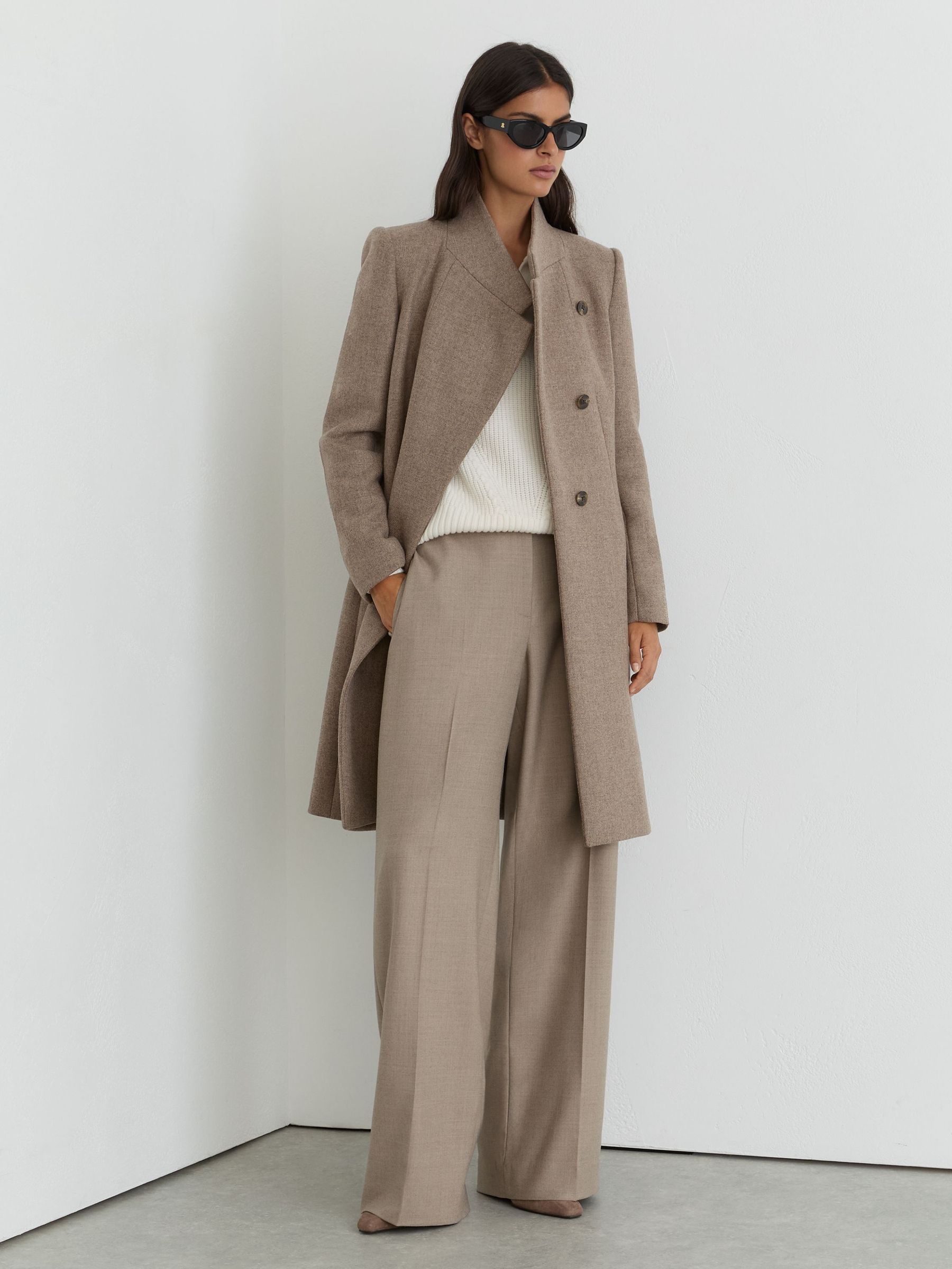 Neutral Melange - Wool-blend Wrapover Mid-length Coat