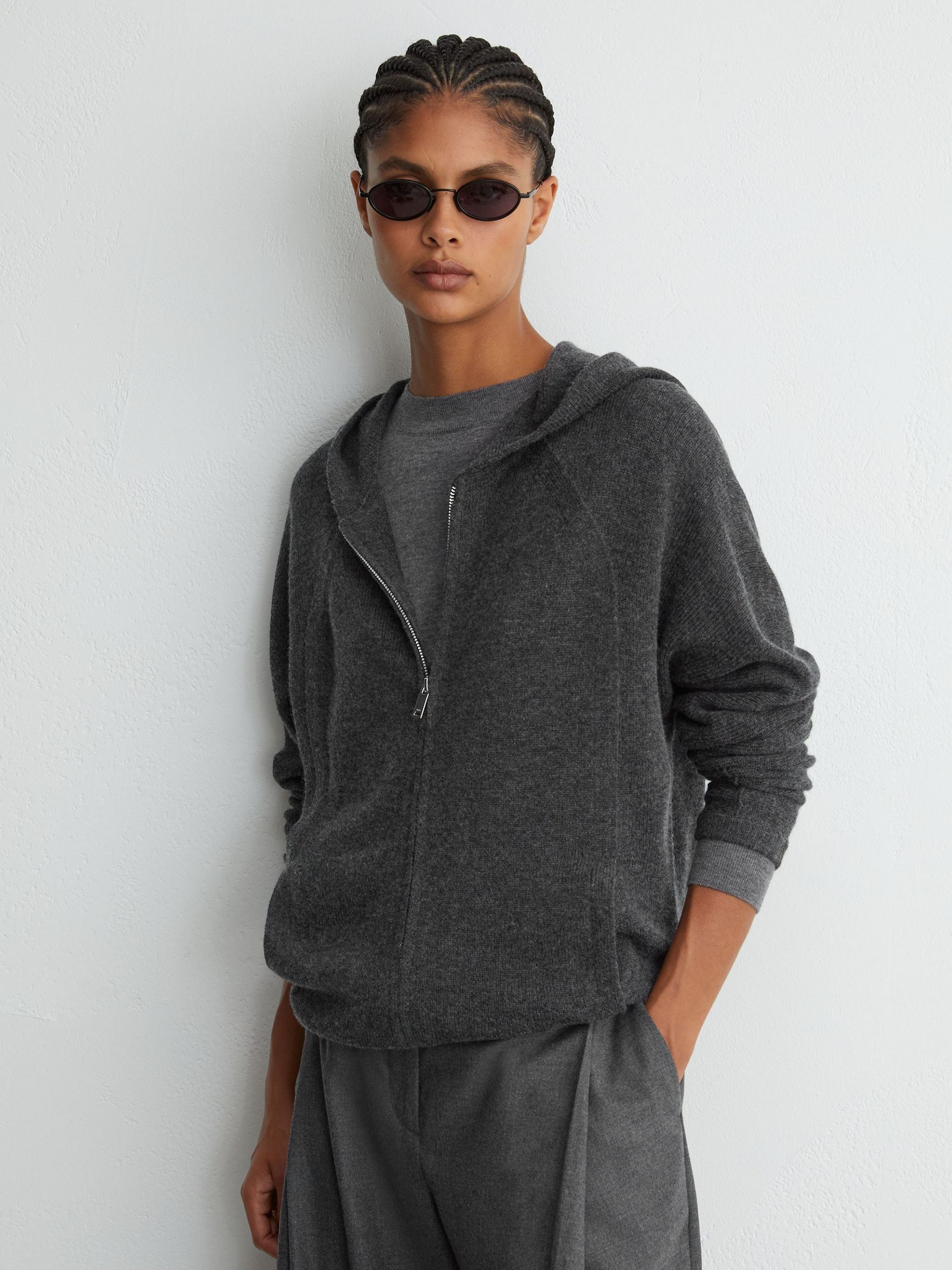 Charcoal Grey - Wool-blend Zip-through Hoodie With Cashmere