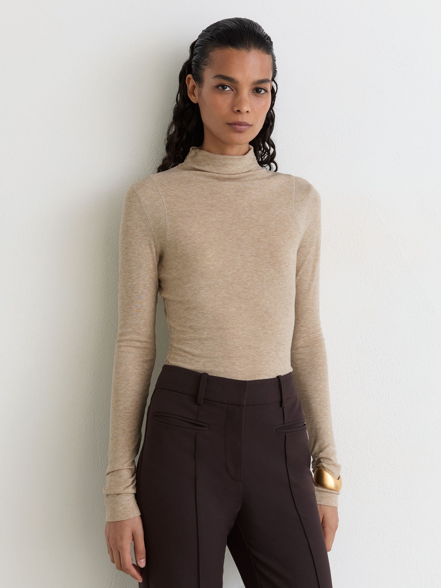 Oatmeal Neutral - Lyocell-wool Ruched Mock-neck Top