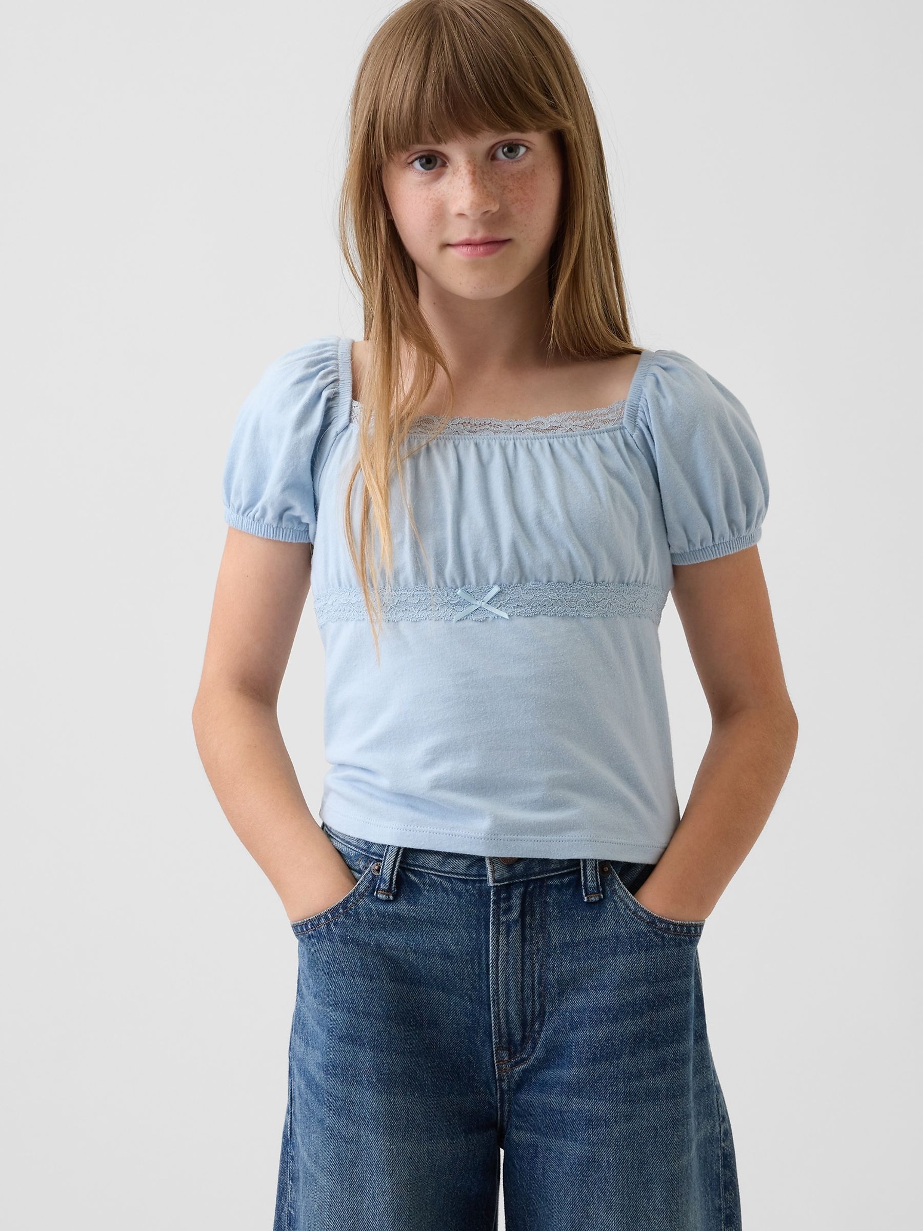 Blue - Lace-trim Puff-sleeve Top