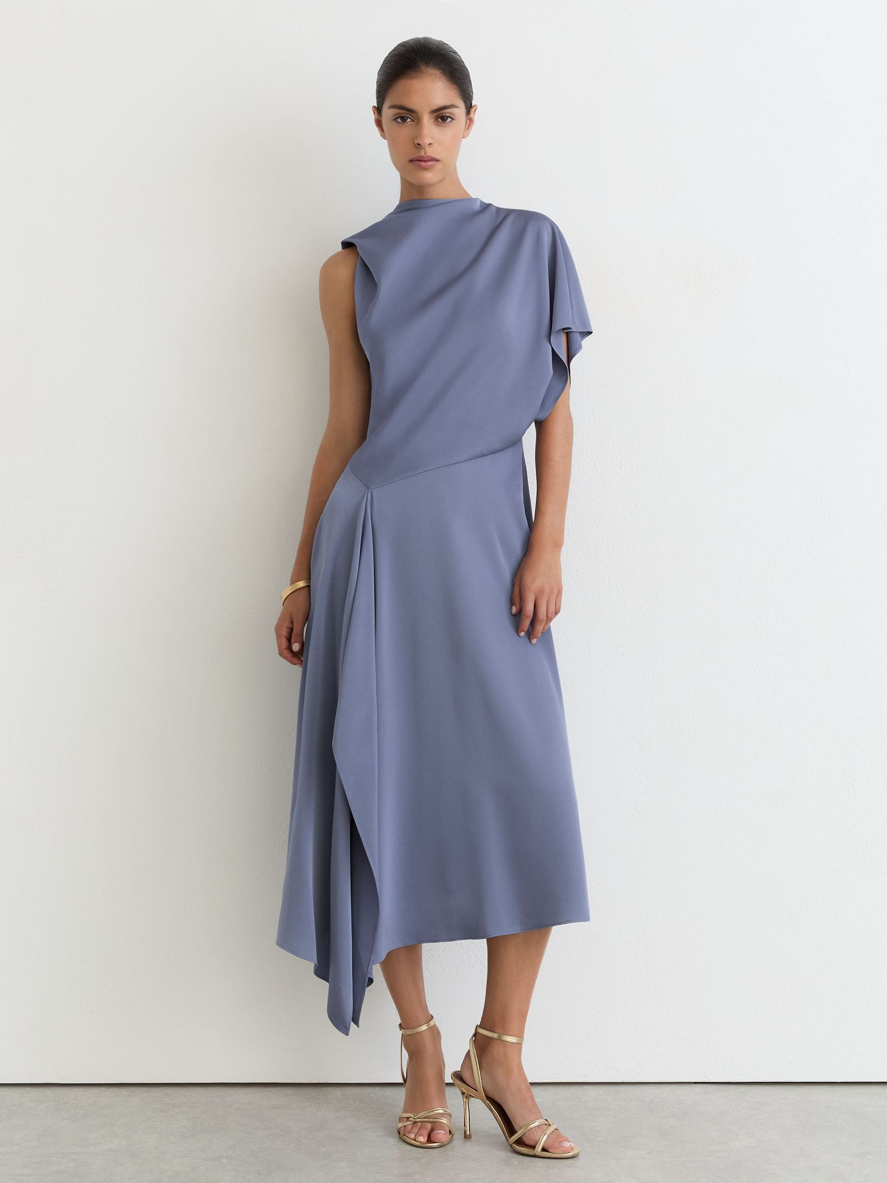 Lilac Purple - Satin One-shoulder Draped Midi Dress