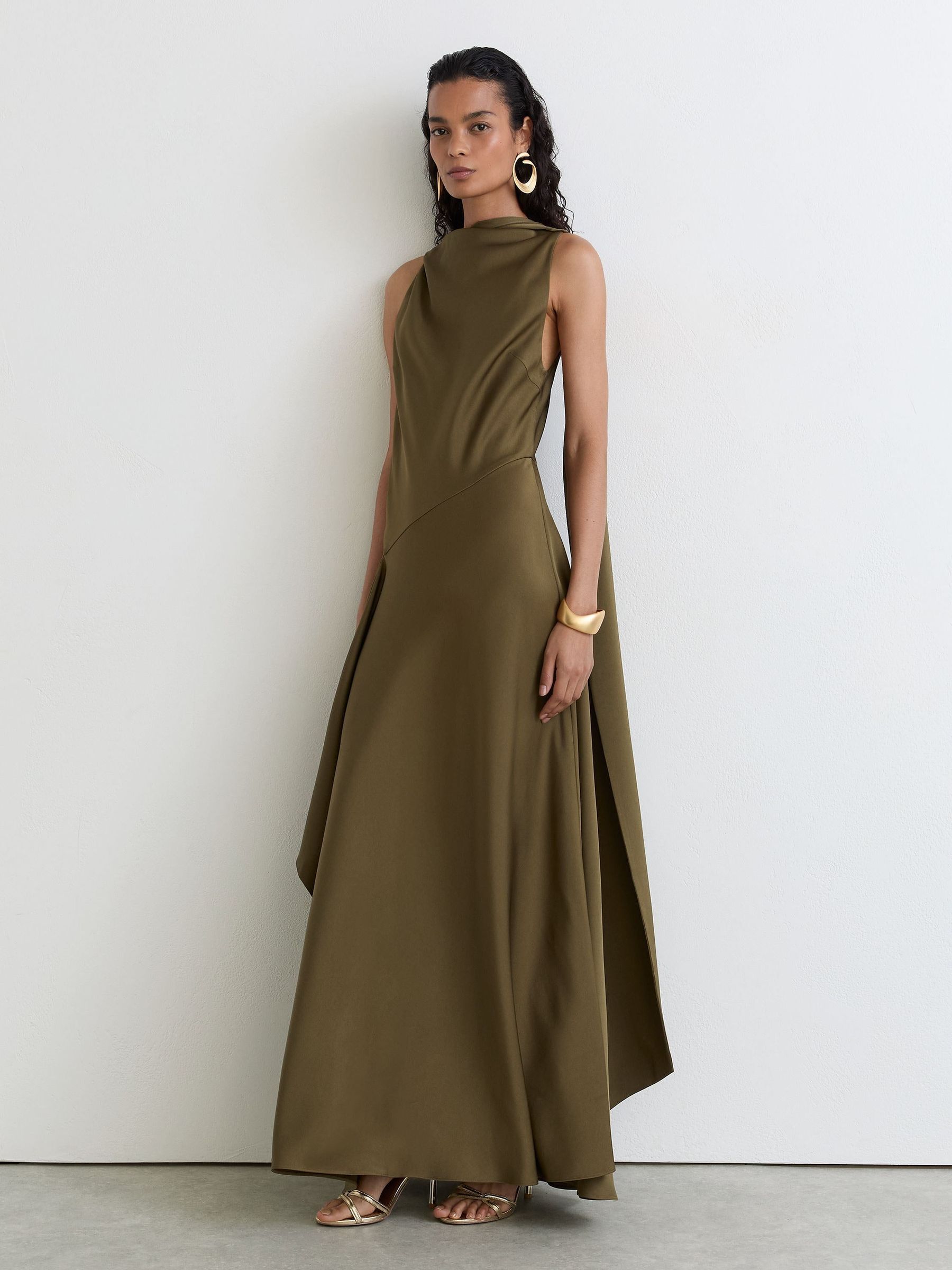 Khaki Green - Satin Cape-detail Maxi Dress