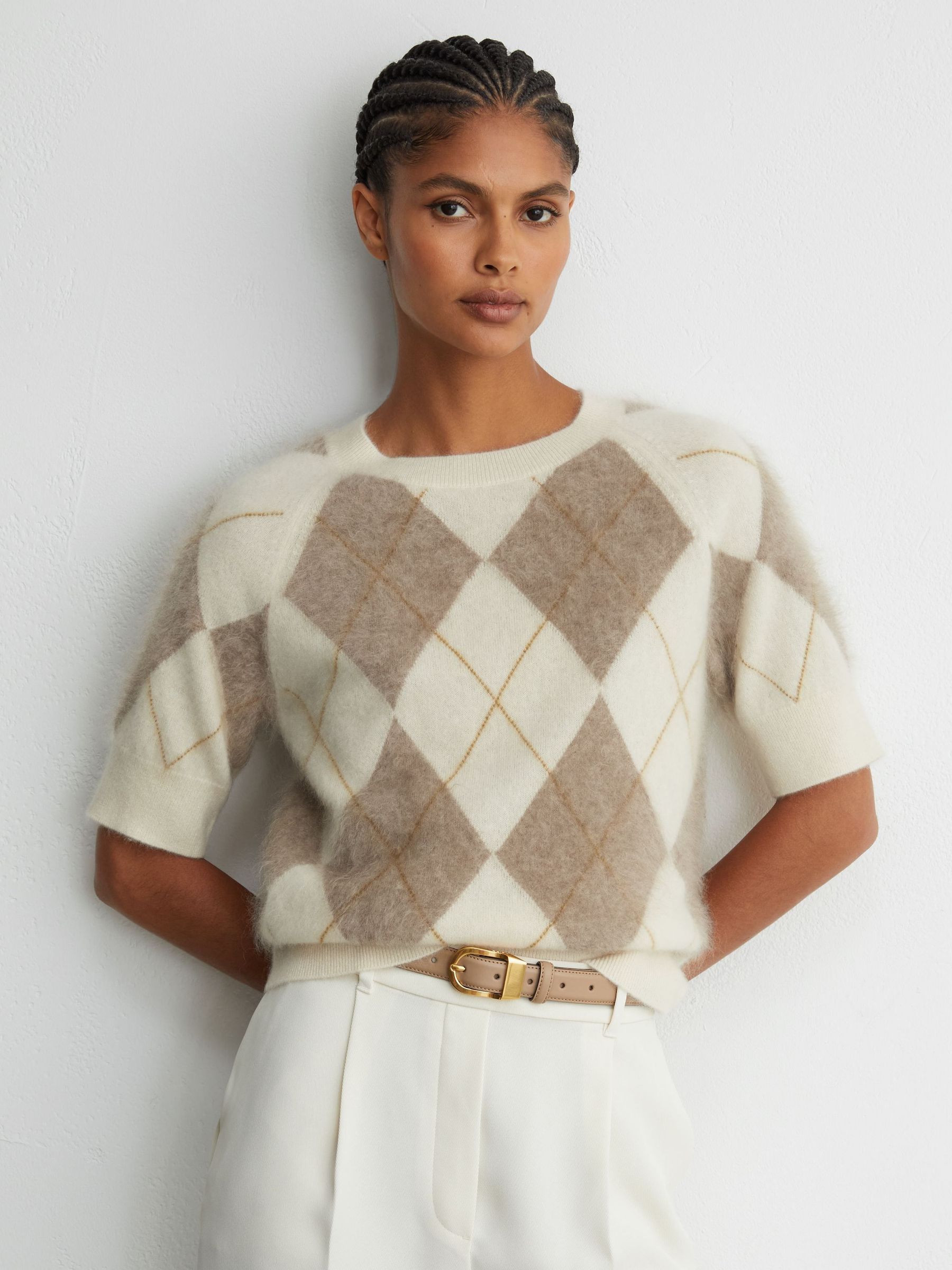 Ivory/Taupe - Brushed-cashmere Argyle Knit Top