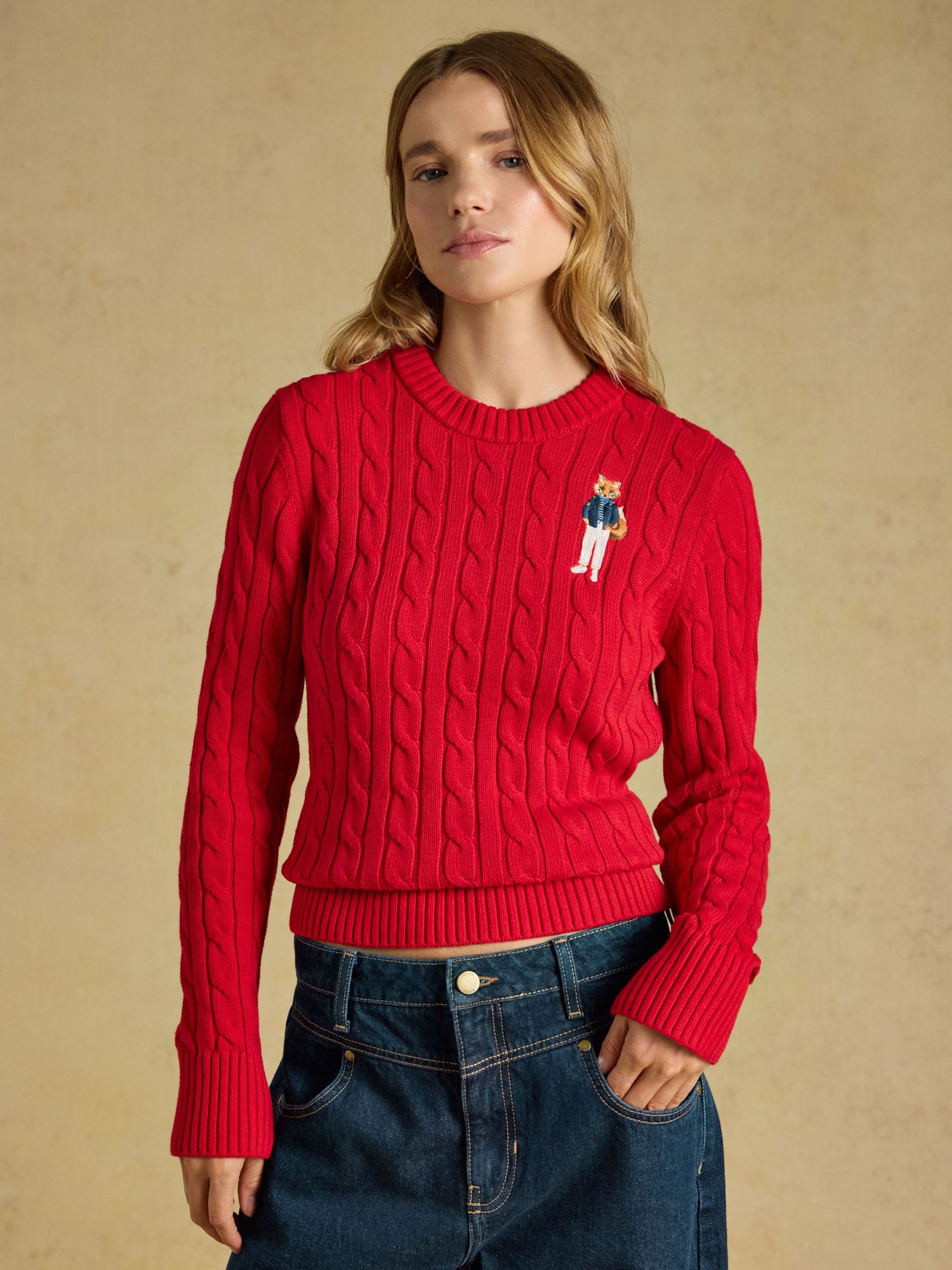 Red - Classic Embroidered Jonty Fox Crew Neck Cotton Cable Knit Jumper