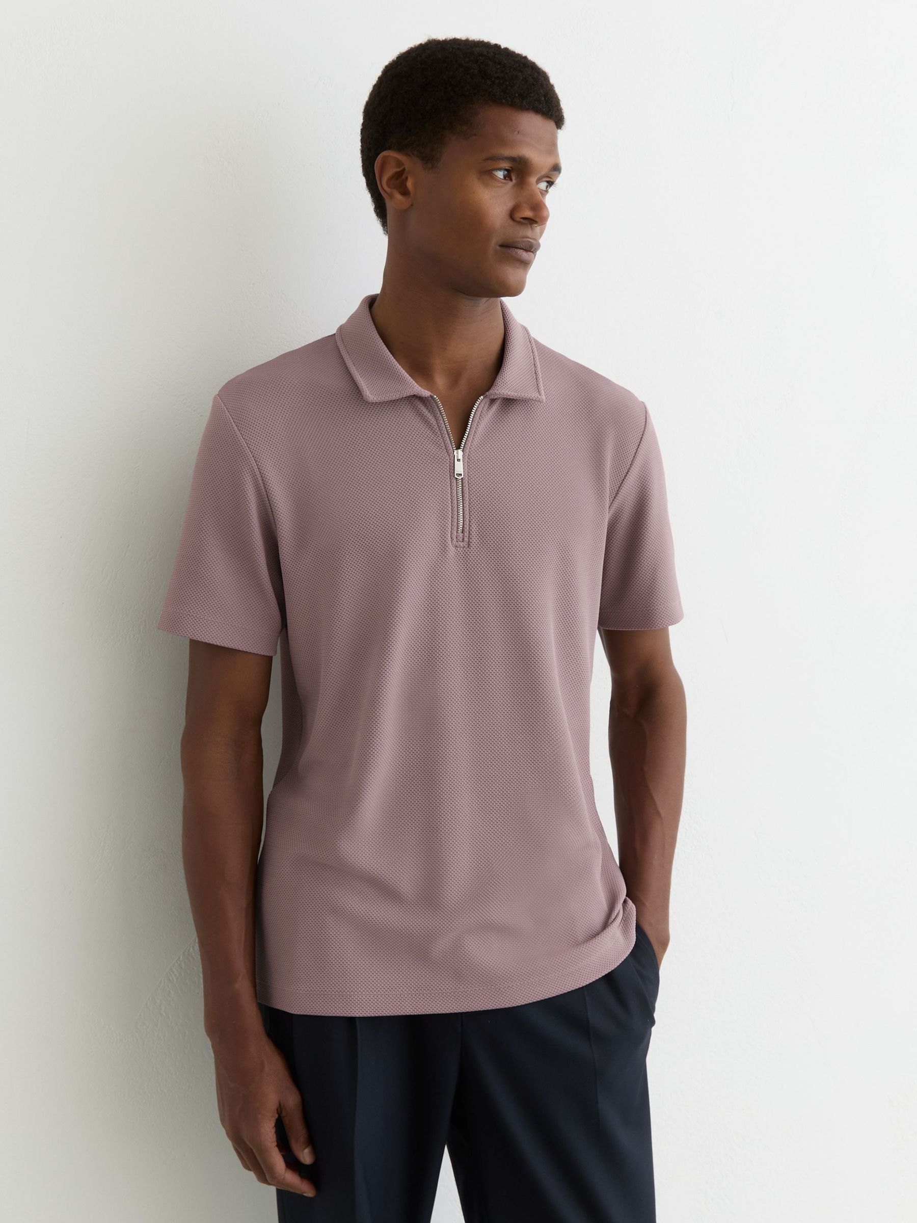 Half-Zip Textured Polo Shirt in Raspberry Pink (W06002) | £68