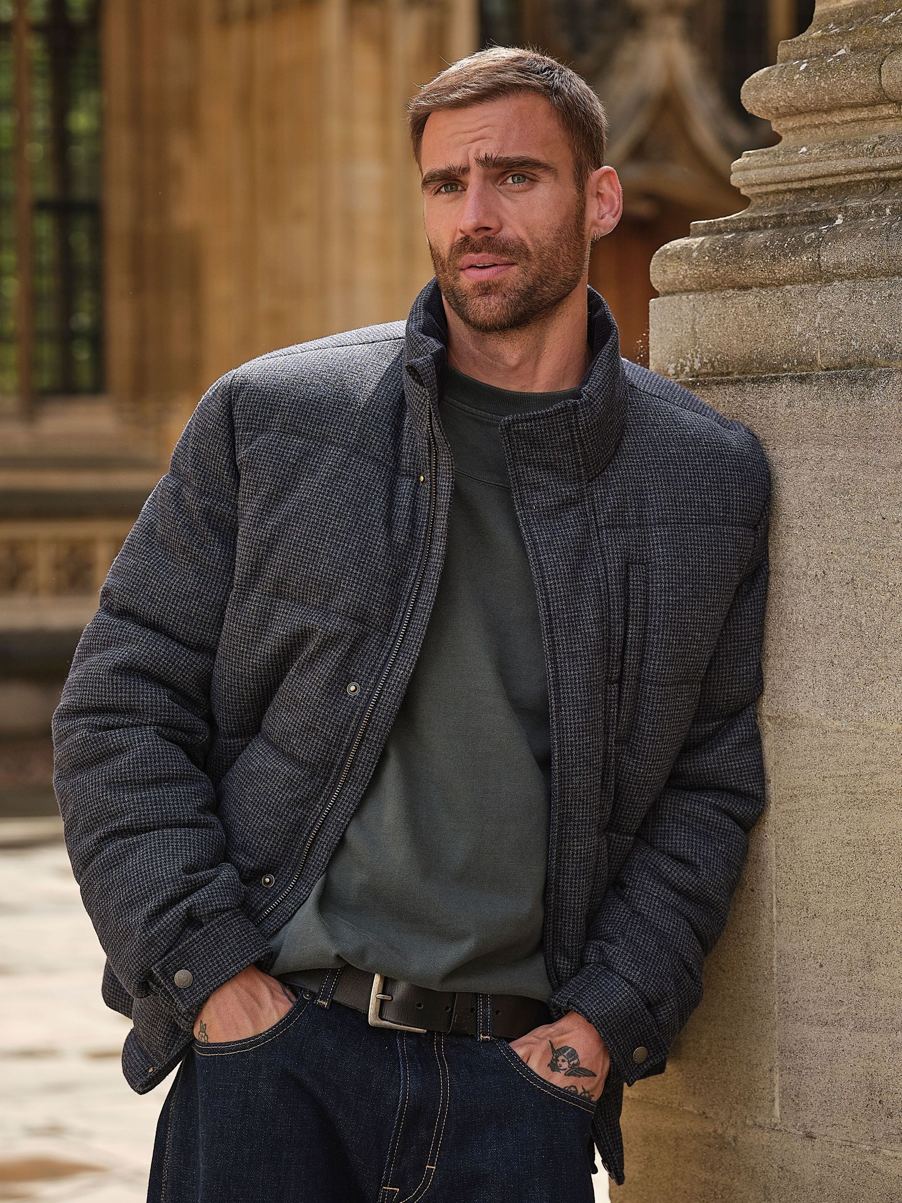 Navy - Regular Micro Check Padded Jacket