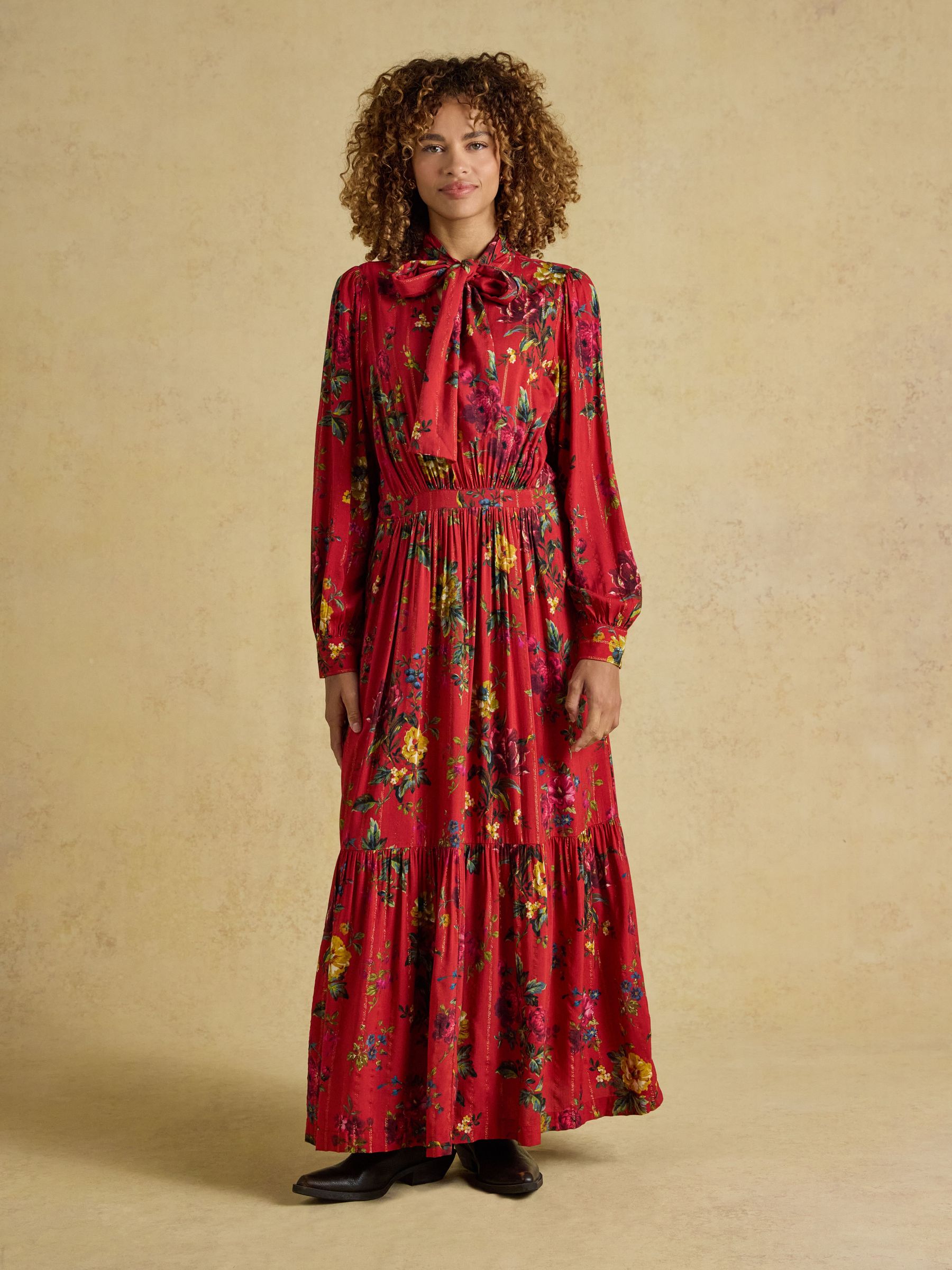 Red Floral - Tie Neck Dress