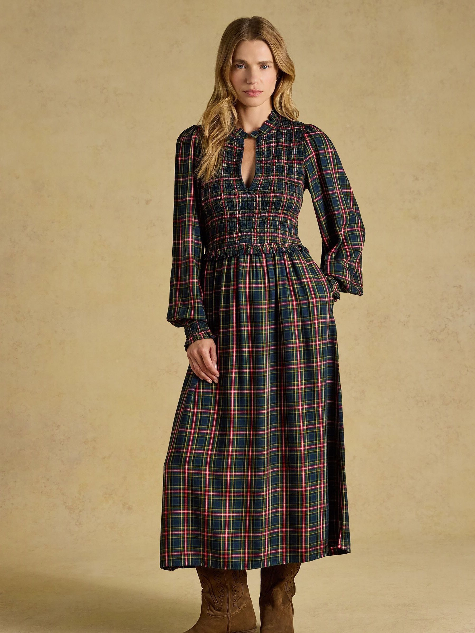 Navy Check - Smocked Midi Dress