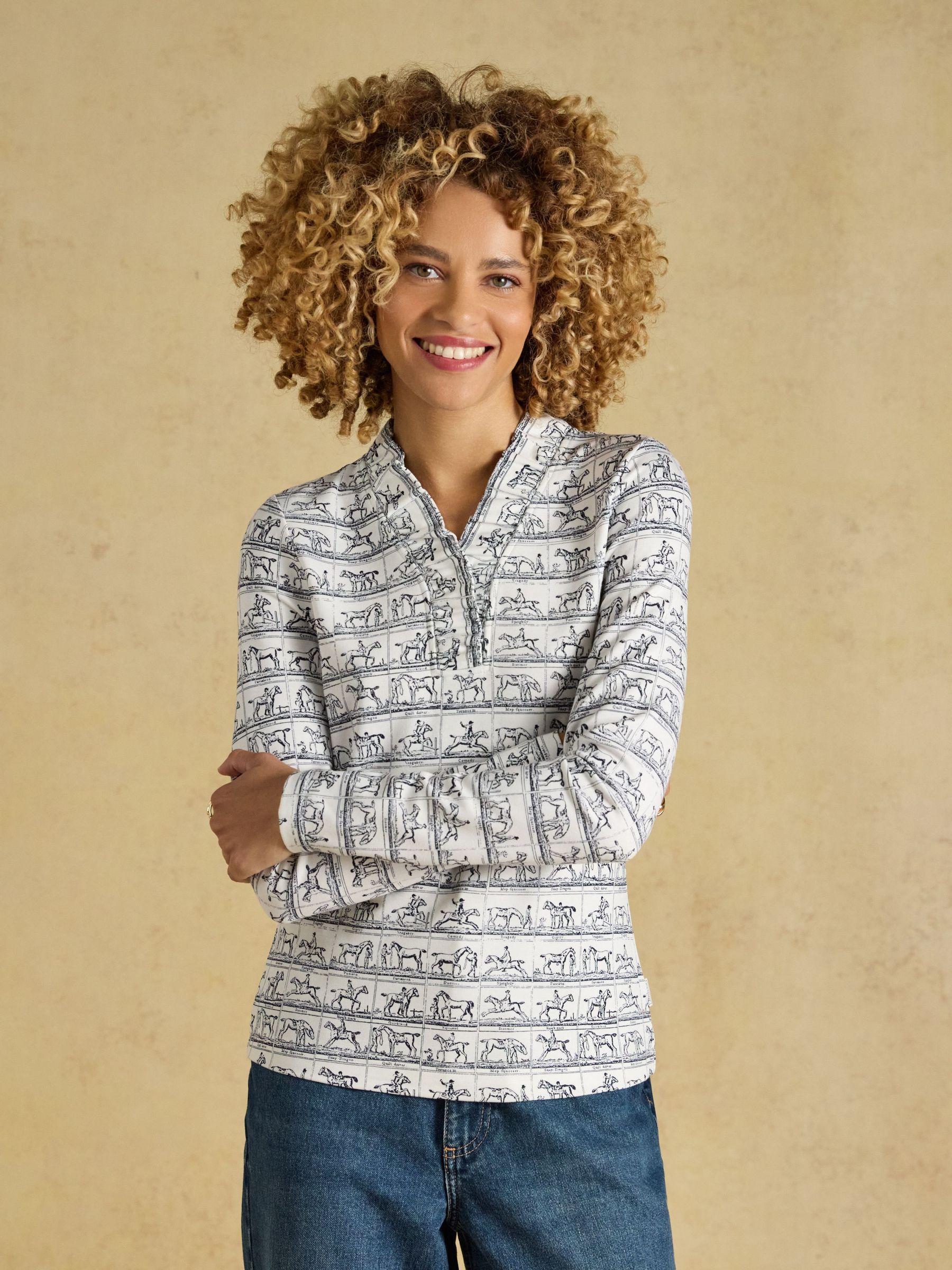 Creme/Navy Horse Grid - Frill Neck Printed Jersey Top