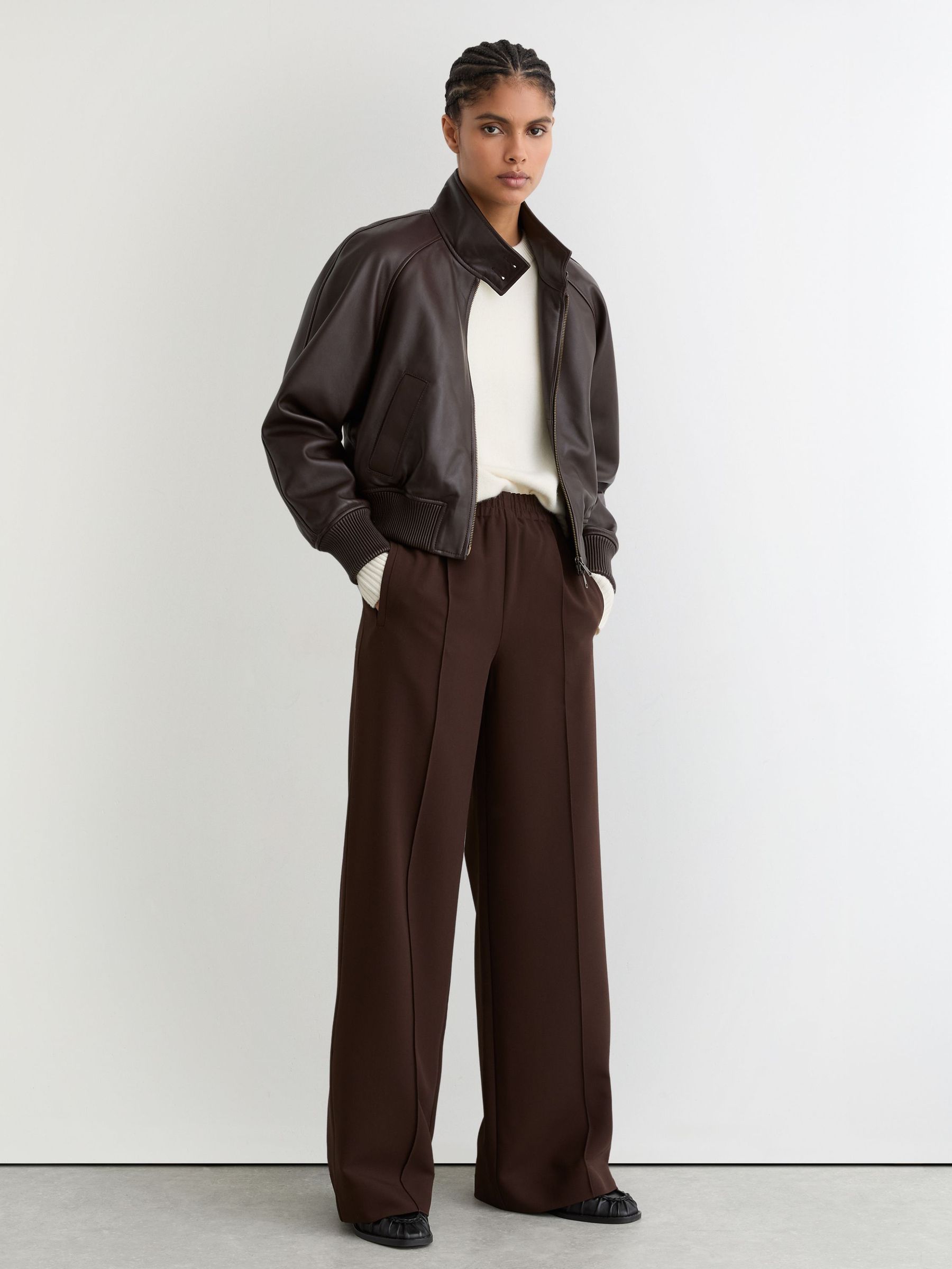 Wide-Leg Elasticated-Waist Trousers in Chocolate Brown (W10819) | £130
