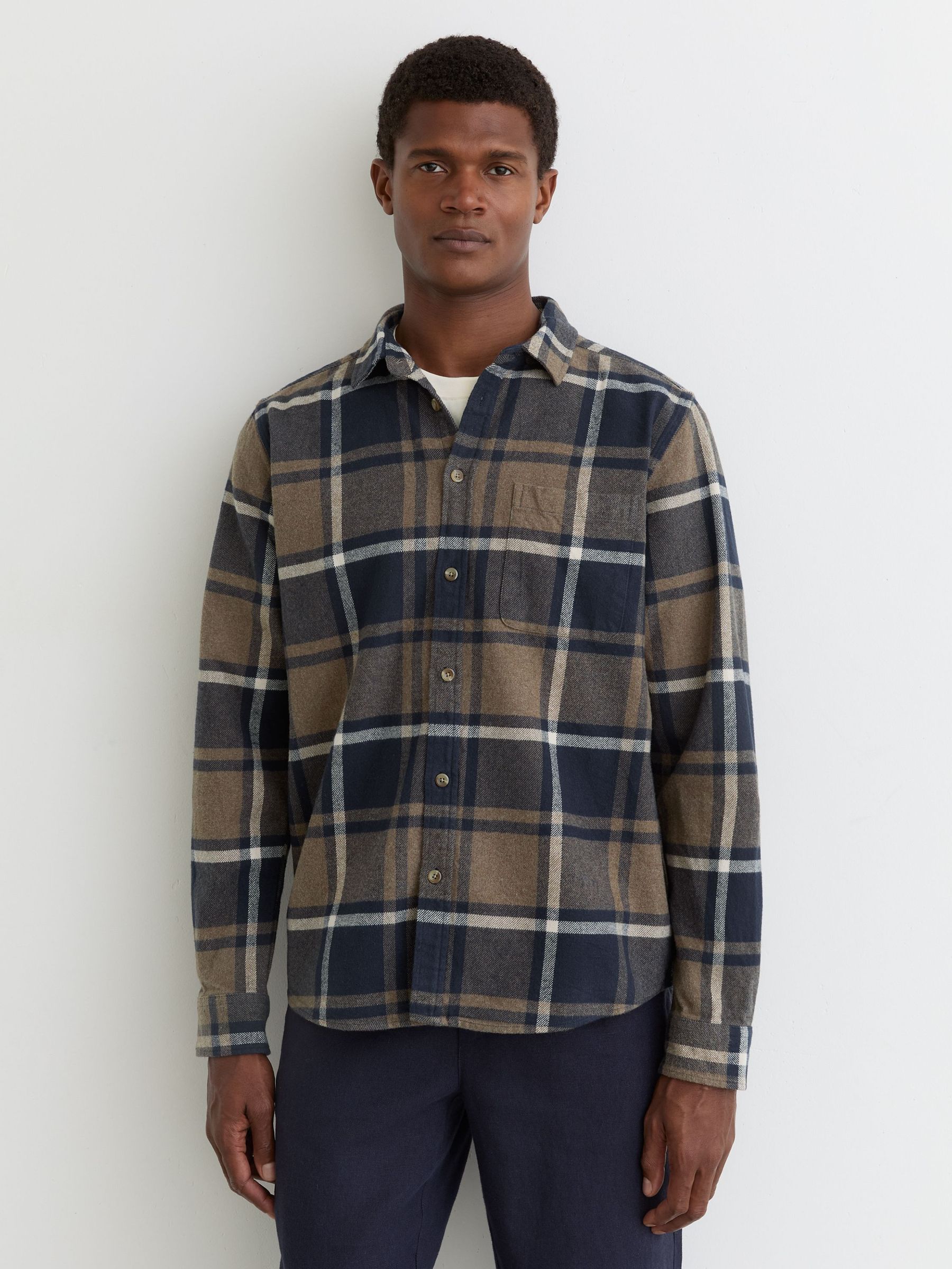 Cotton Check Flannel Shirt in Dark Navy (W10865) | £109