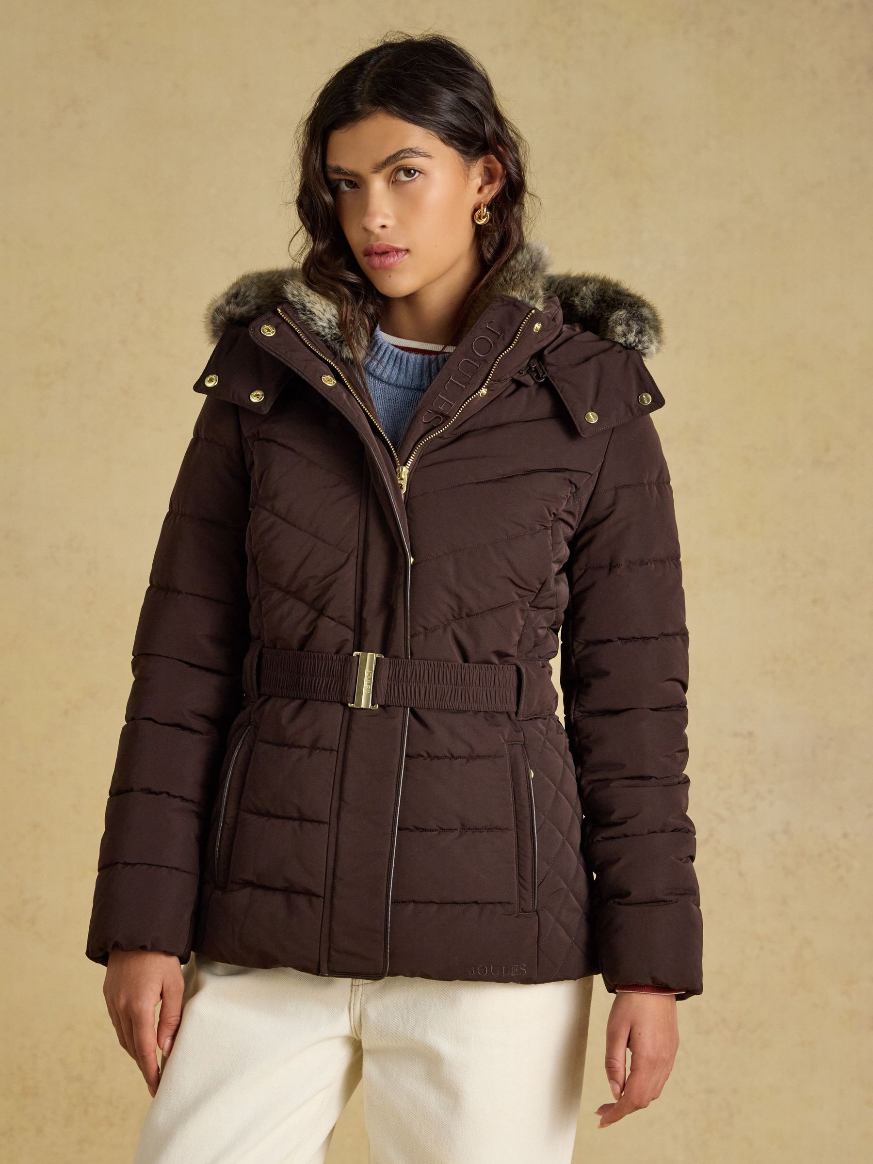 Chocolate Brown - Showerproof Padded Coat With Faux Fur Hood
