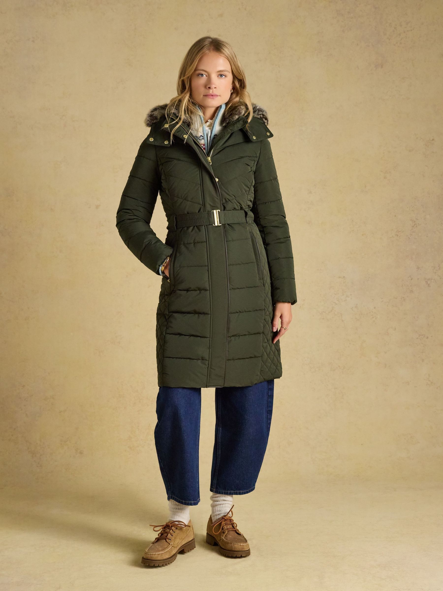 Green - Showerproof Longline Padded Coat With Faux Fur Hood