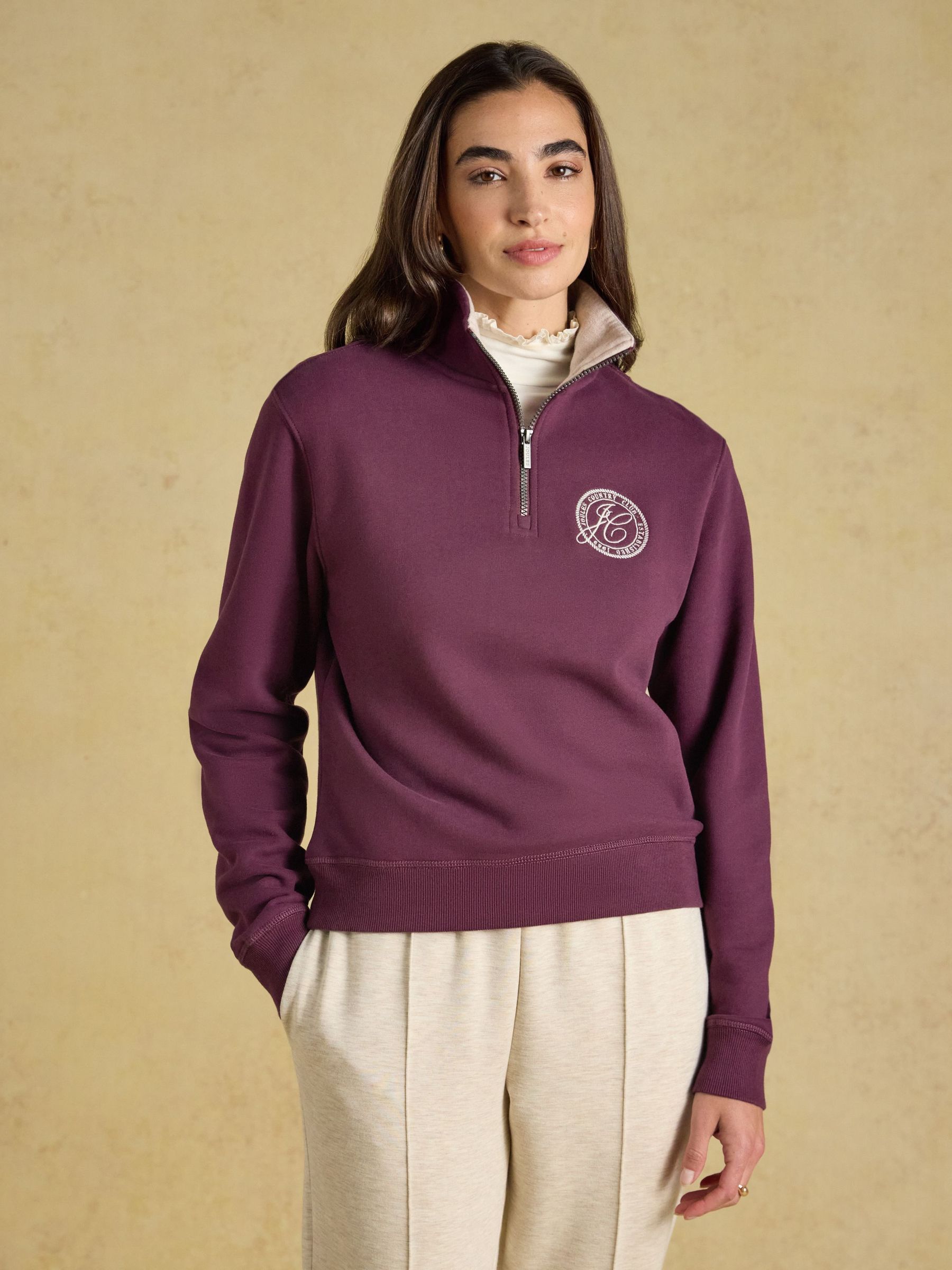 Wine Red - Brushed Cotton Blend Embroidered Quarter Zip Sweatshirt