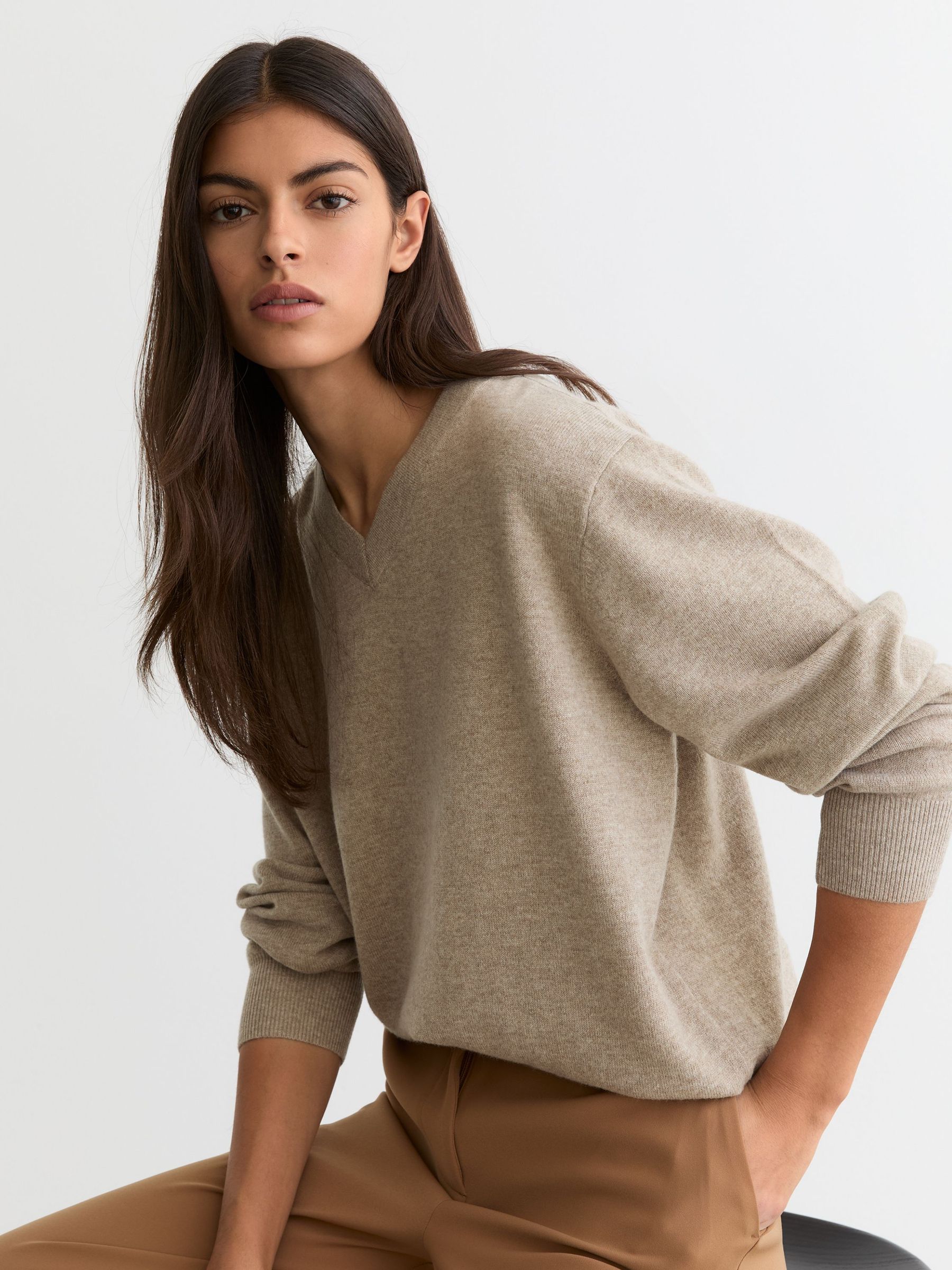 Wool-Cashmere V-Neck Jumper in Taupe Neutral (W14466) | £98