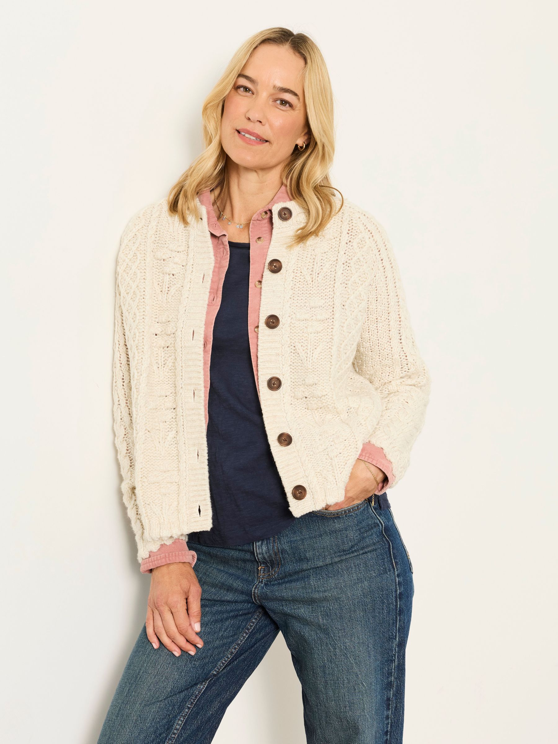 Natural - Floral Knitted Cable Button Front Cardigan