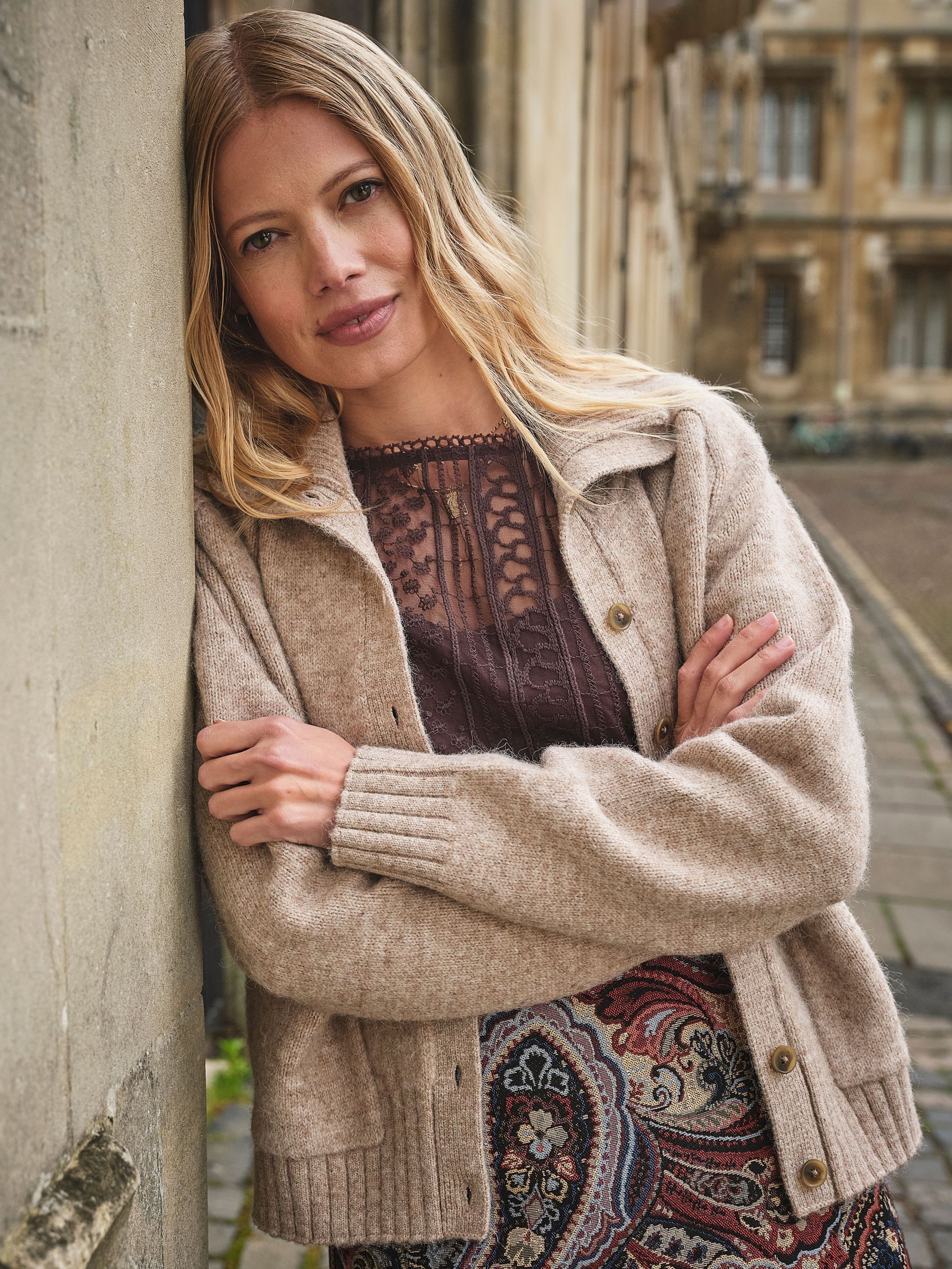 Natural - Funnel Neck Knitted Cardigan