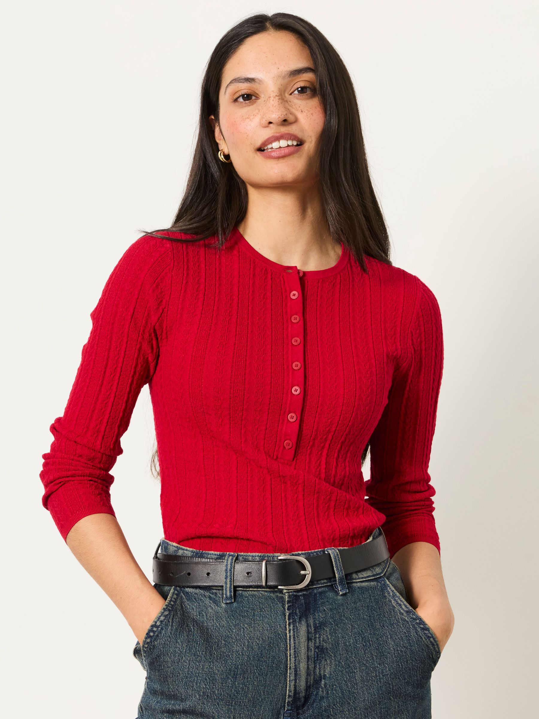 Red - Knitted Henley Jumper