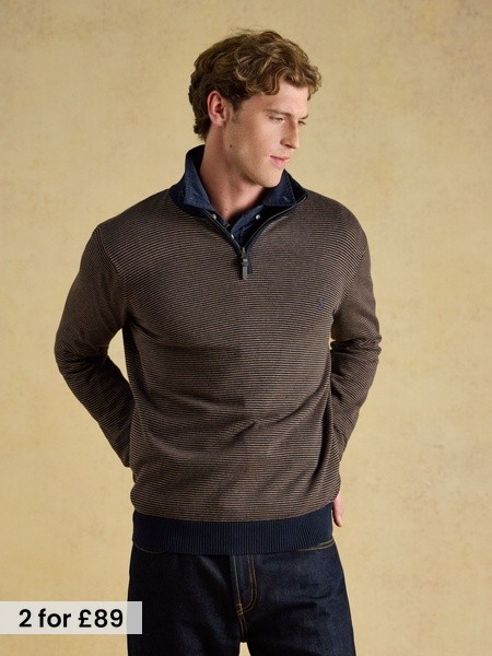 Navy & Brown Striped - Regular Quarter Zip Knitted Jumper