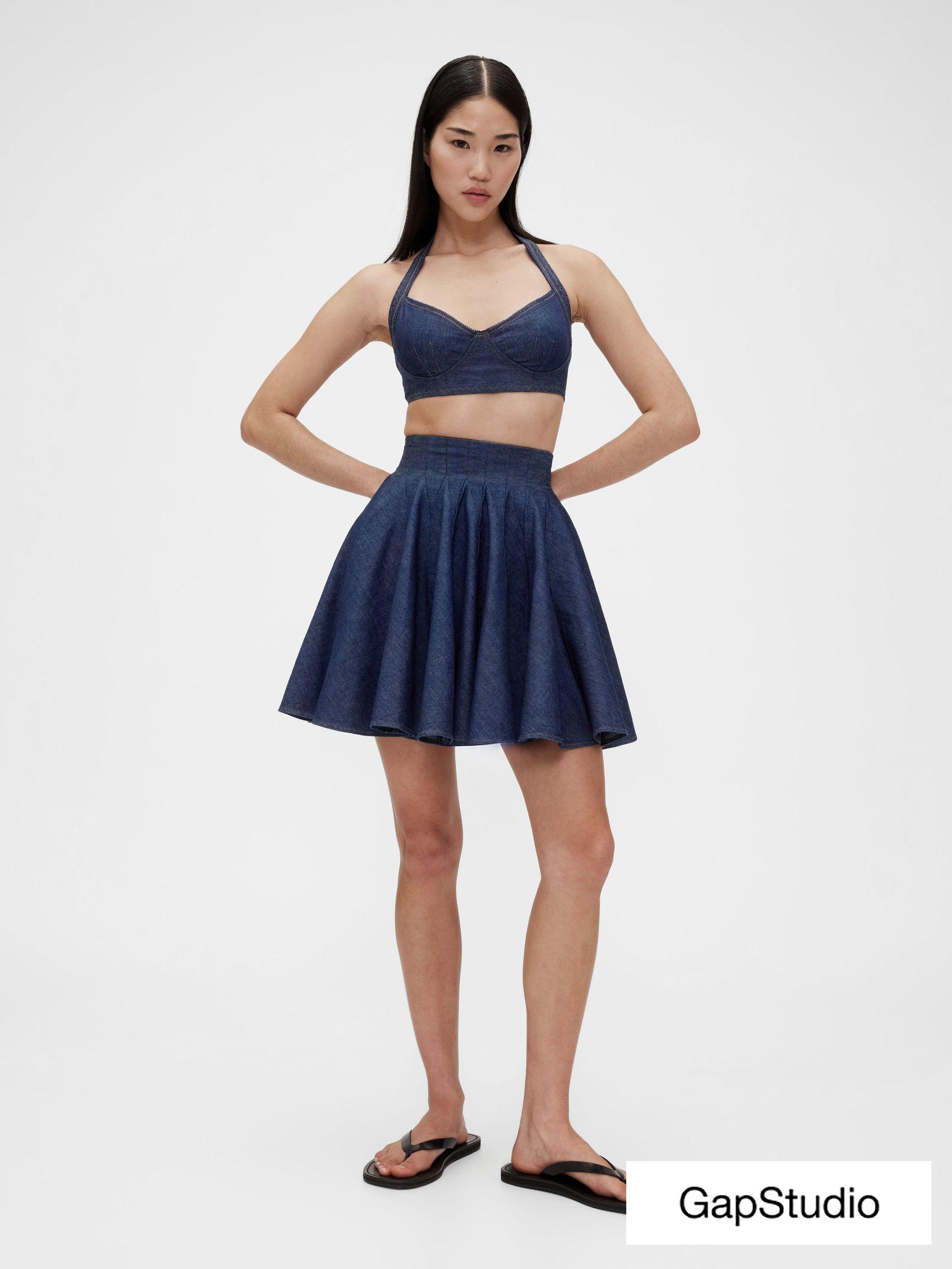 Dark Wash Blue Pleated Denim Mini Skirt (W22141) | £140