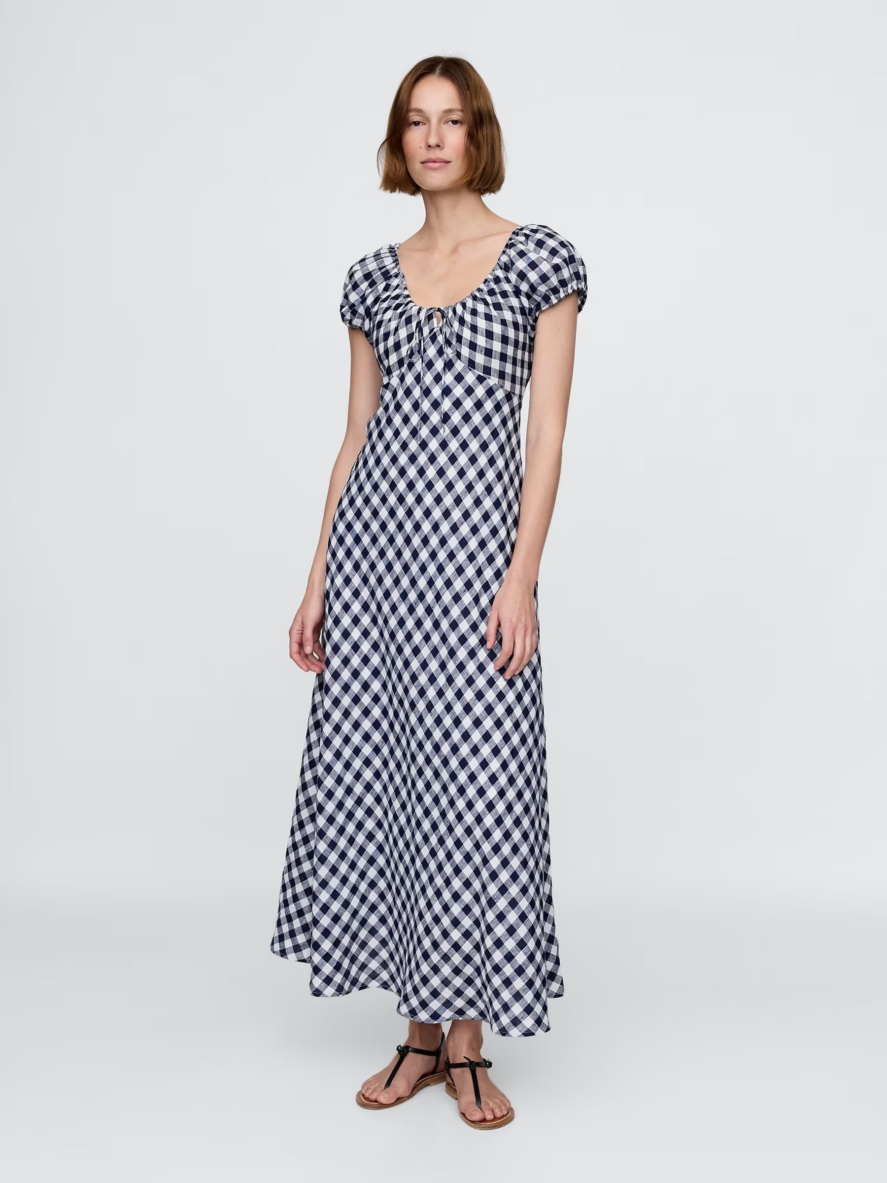 Navy/Blue DÔEN 100% Linen Gingham Maxi Dress (W22525) | £180