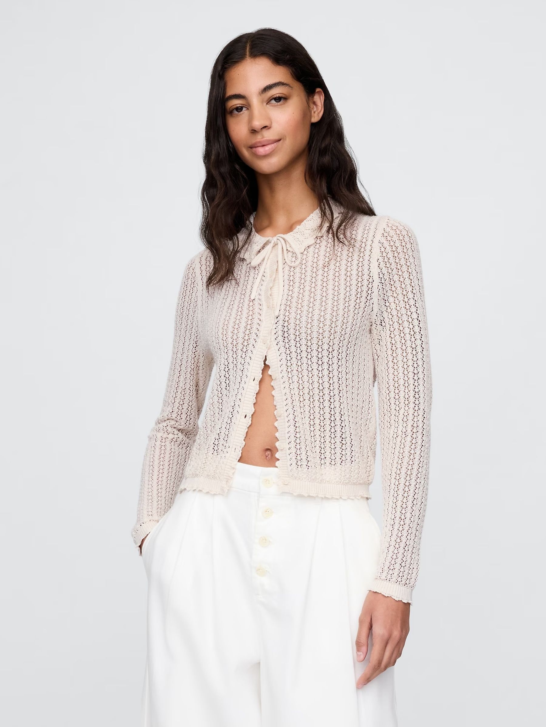 Cream DÔEN Linen-Blend Pointelle Cardigan (W22527) | £65