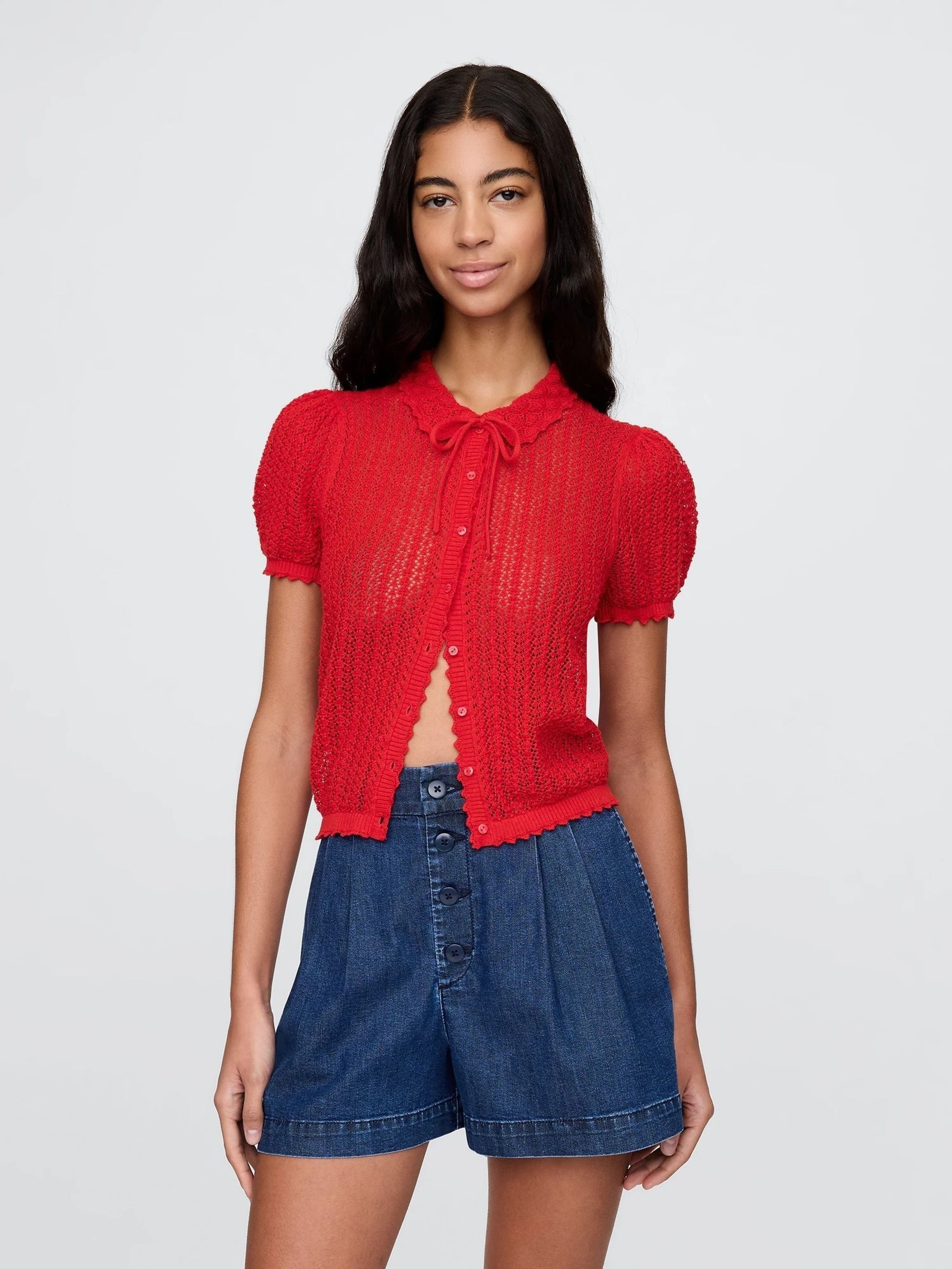 Red DÔEN Linen-Blend Short Sleeve Cardigan (W22534) | £60