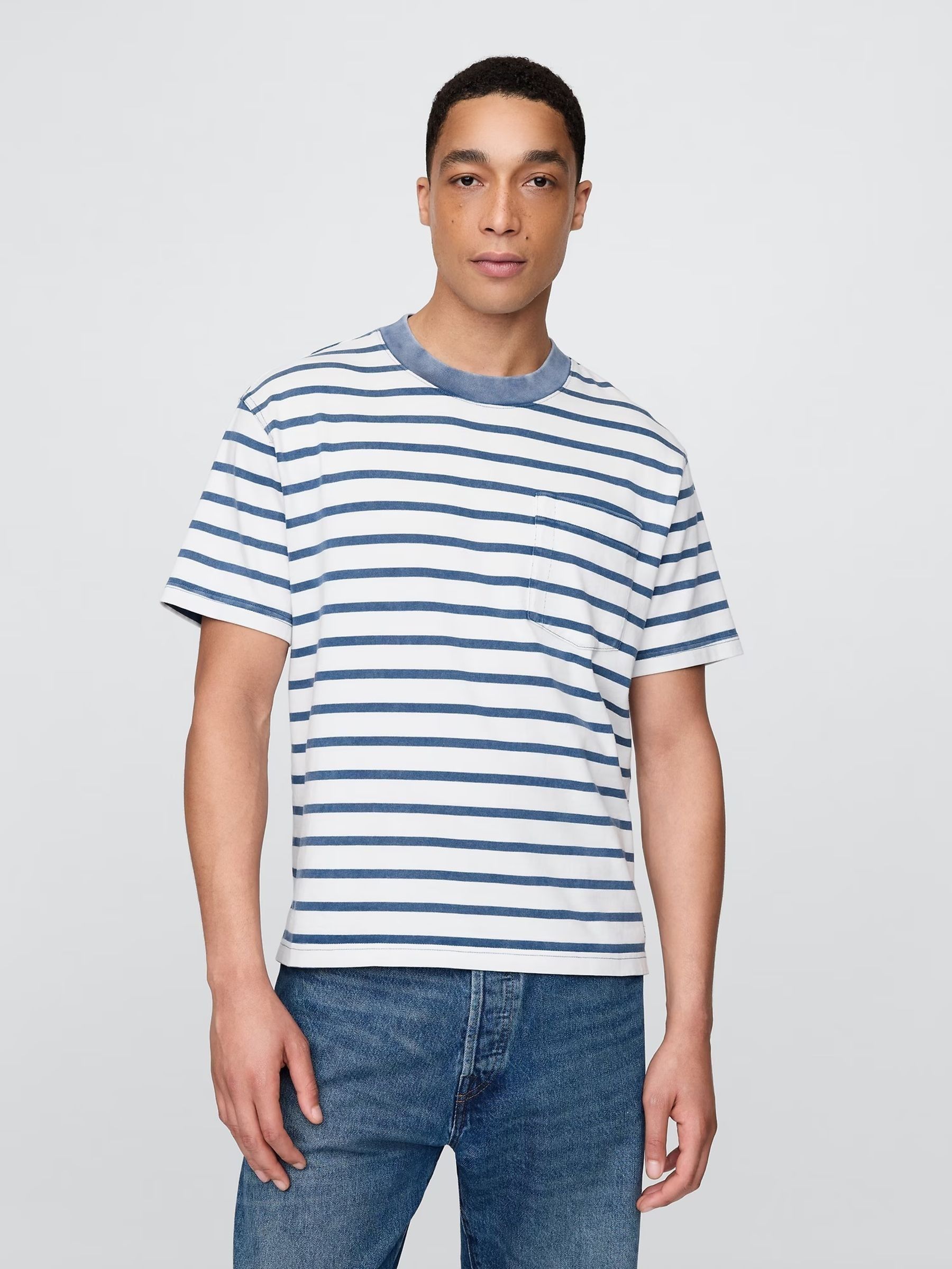 White/Blue Stripe DÔEN Pocket Short Sleeve T-Shirt (W22542) | £50