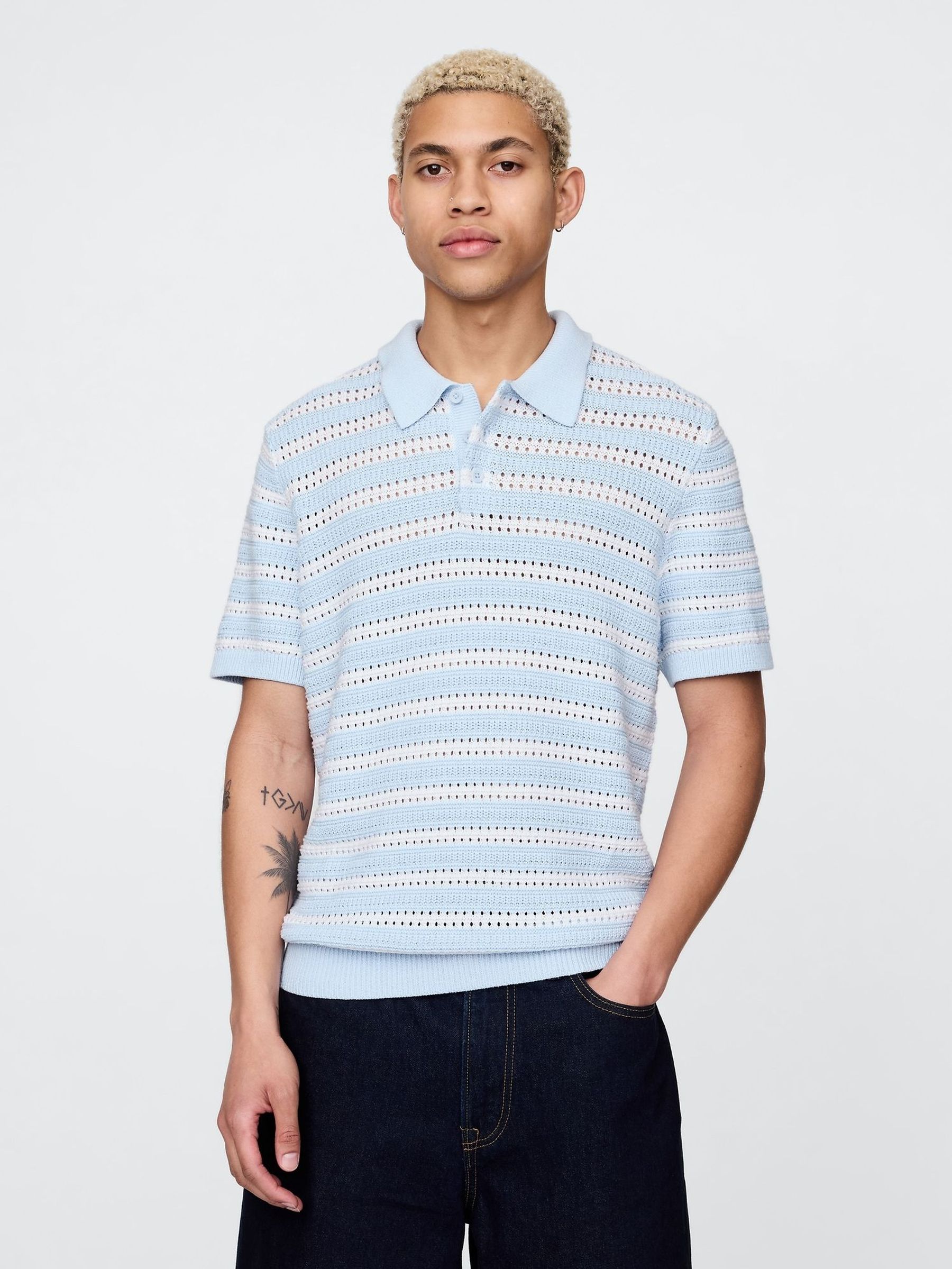 Blue Cotton Knit Striped Polo Shirt (W22543) | £45