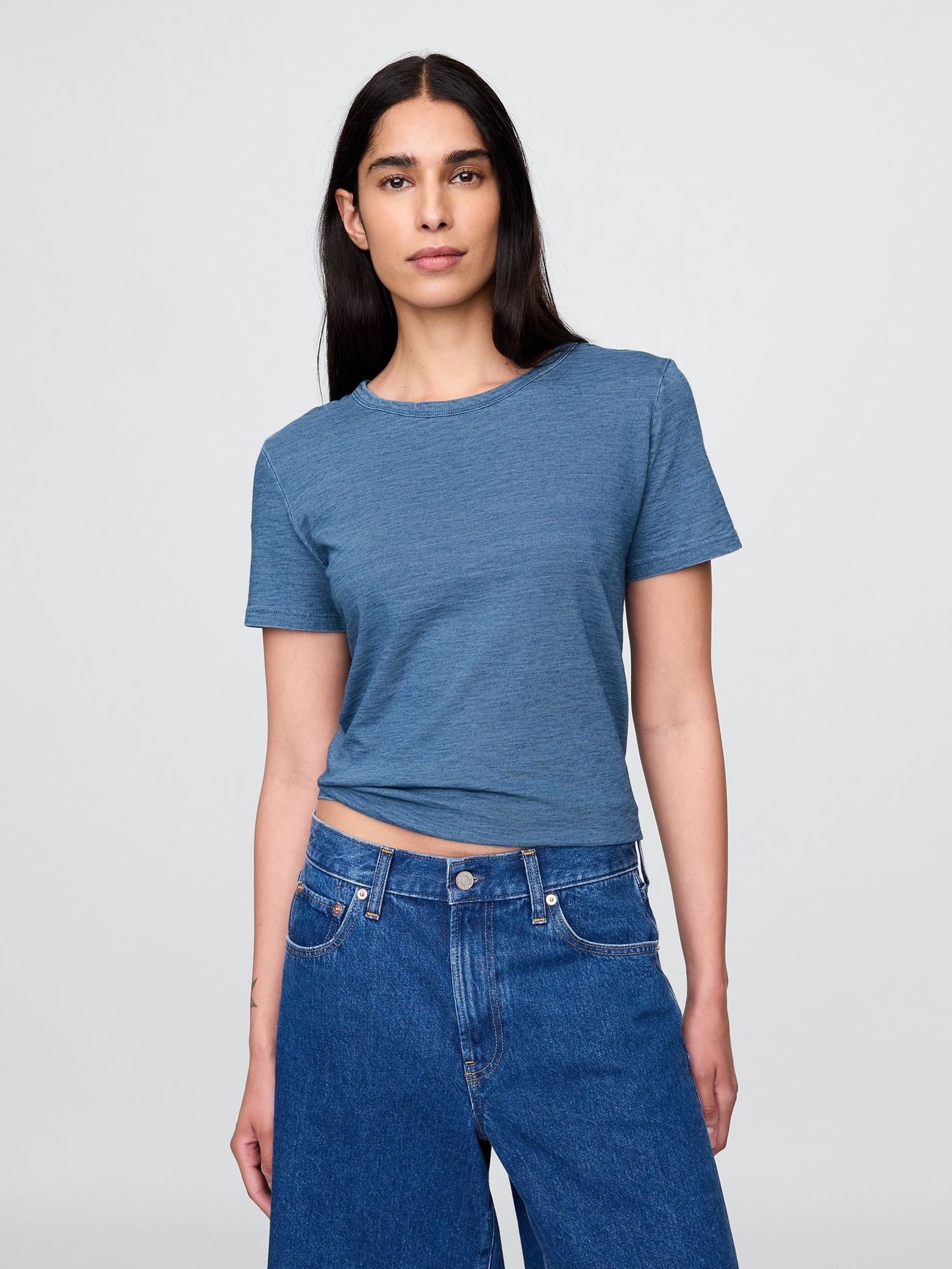 Dark Blue Crew Neck Vintage 100% Organic Cotton Short Sleeve T-Shirt (W22545) | £18