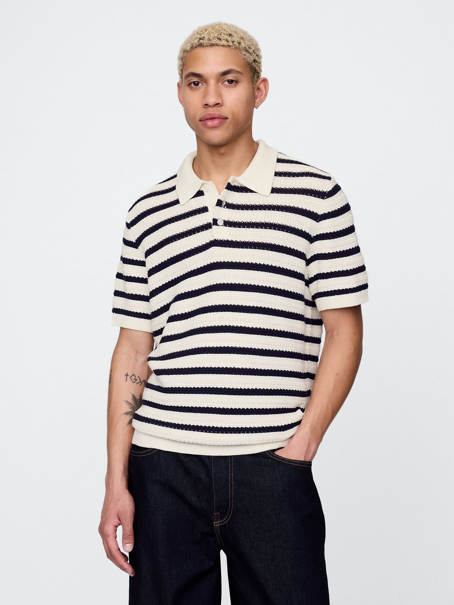 Cream Cotton Knit Striped Polo Shirt (W22551) | £45