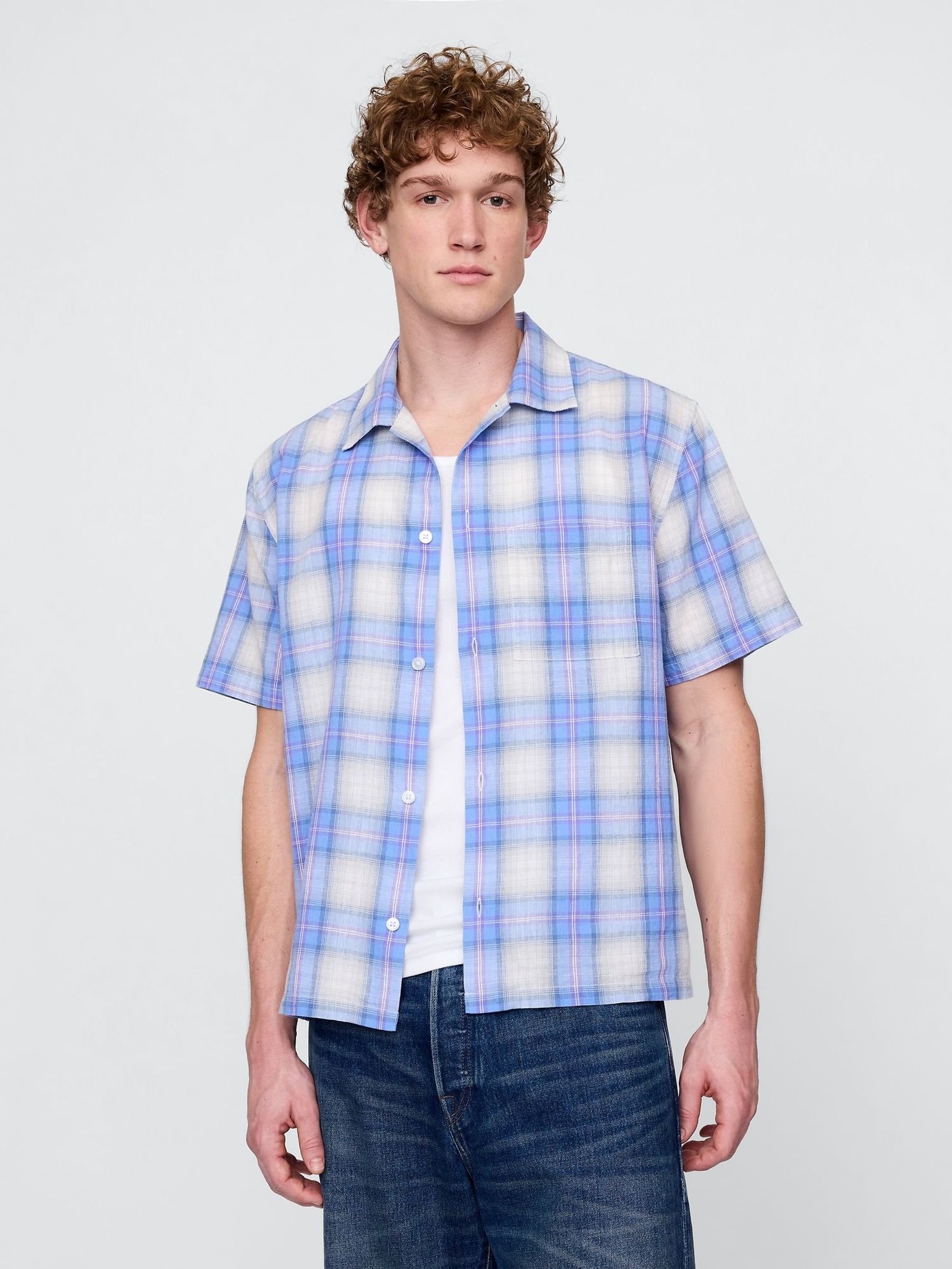 Blue Check Linen-Cotton Short Sleeve Shirt (W22559) | £50