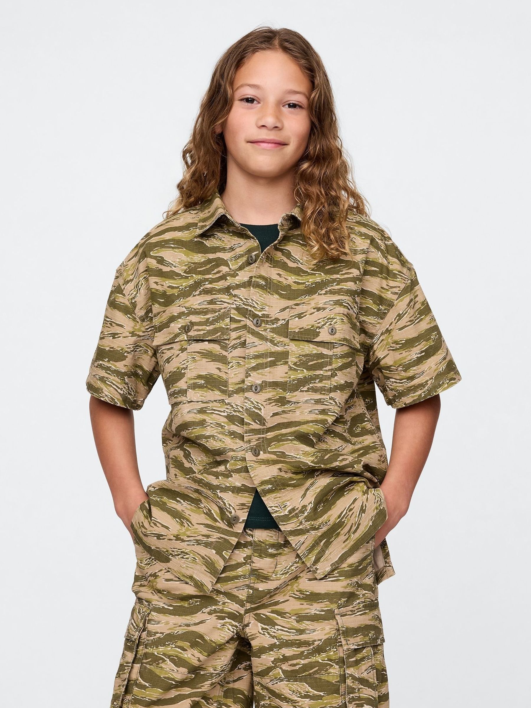 Green Camo Ripstop Utility Shirt (4-13yrs) (W23059) | £25