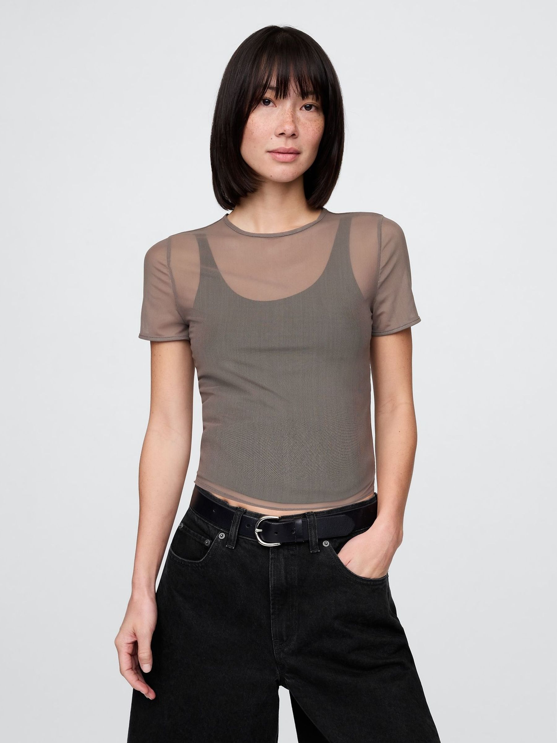 Brown Mesh Cropped T-Shirt (W24375) | £14