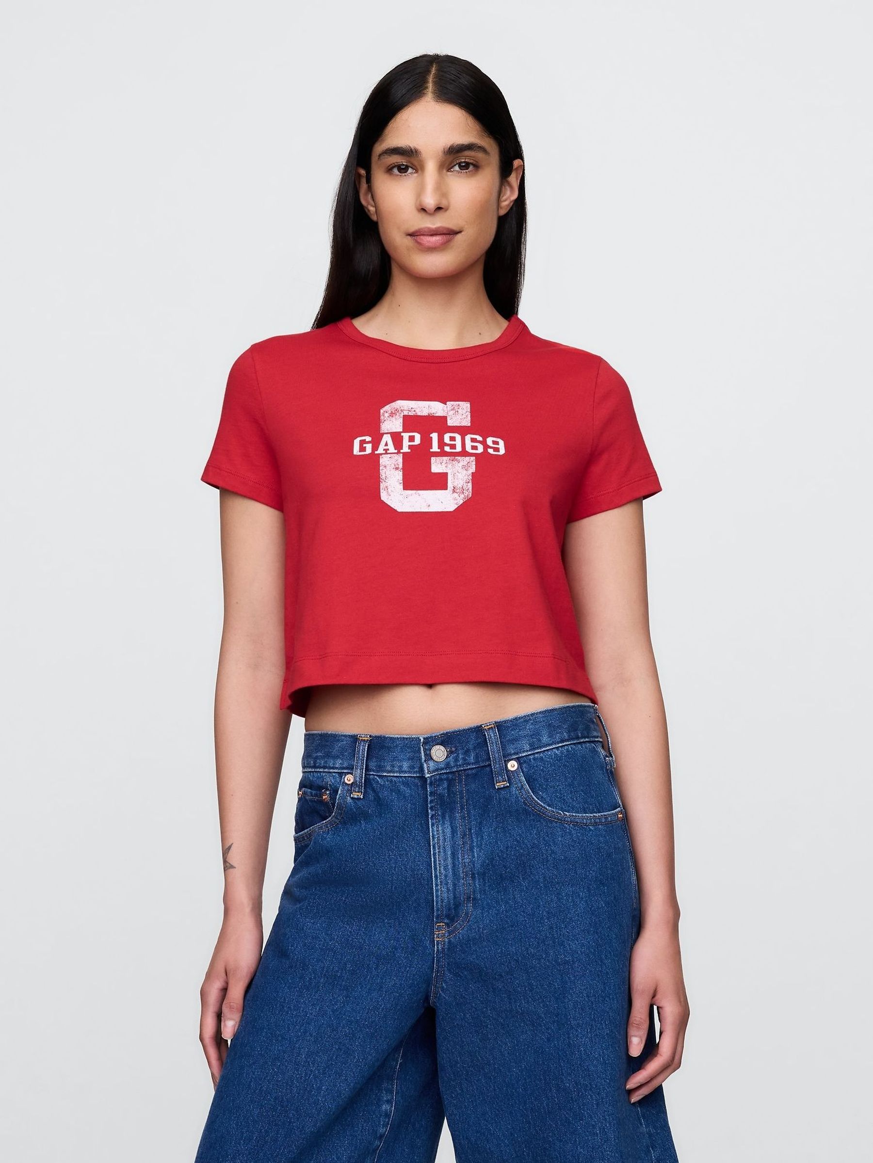 Red Vintage Cotton Cropped Striped T-Shirt (W24377) | £15