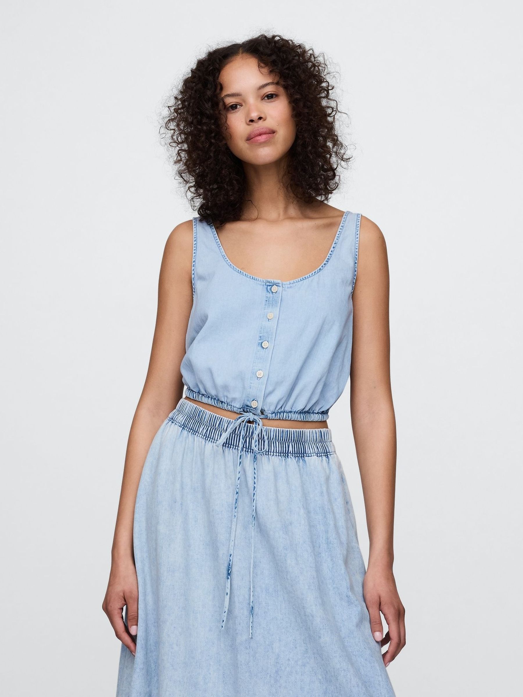 Blue Denim Cinched-Hem Cropped Top (W24380) | £30