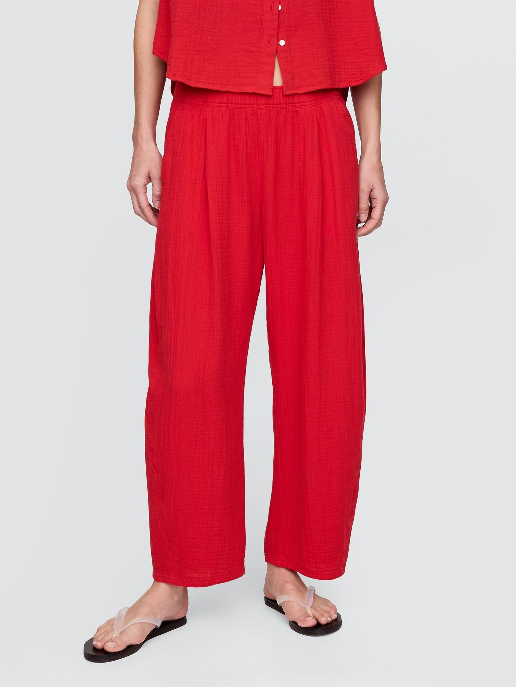 Red 100% Cotton Crinkle Gauze Easy Barrel Trousers (W24384) | £45